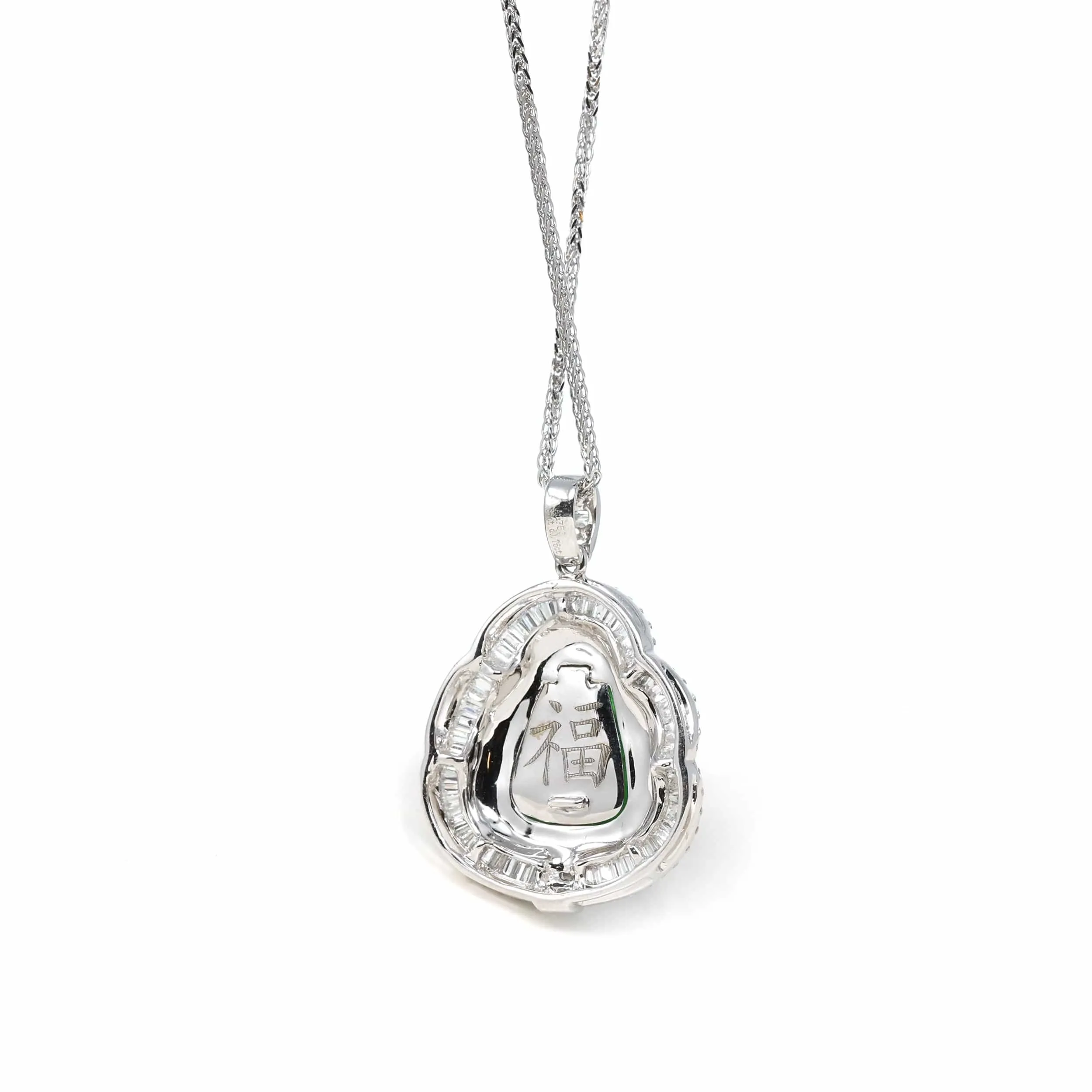18K White Gold High-End Imperial Jadeite Jade Buddha Necklace with Diamonds