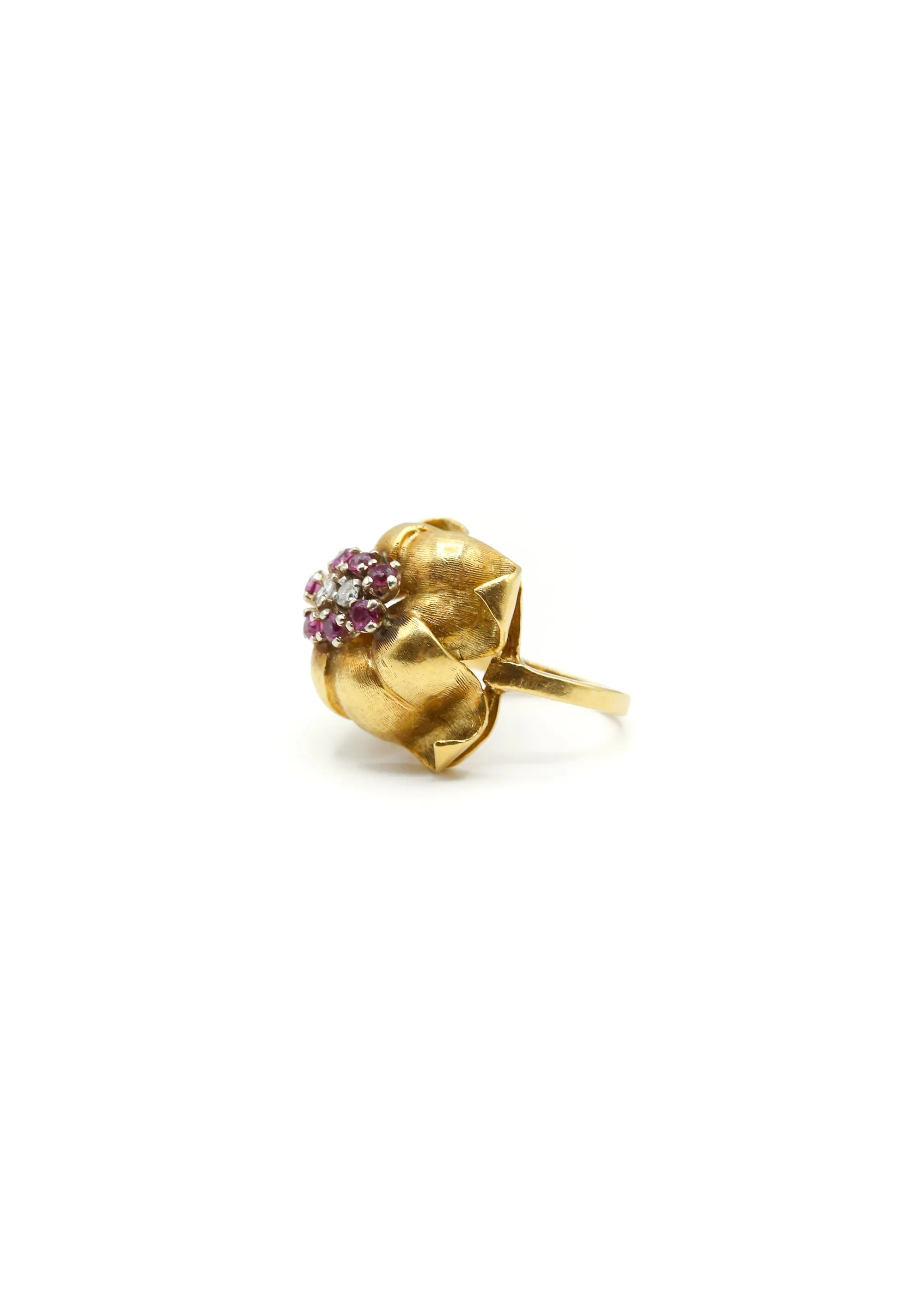 1950's 18k Gold, Ruby, and Diamond Flower Cocktail Ring