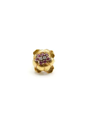 1950's 18k Gold, Ruby, and Diamond Flower Cocktail Ring