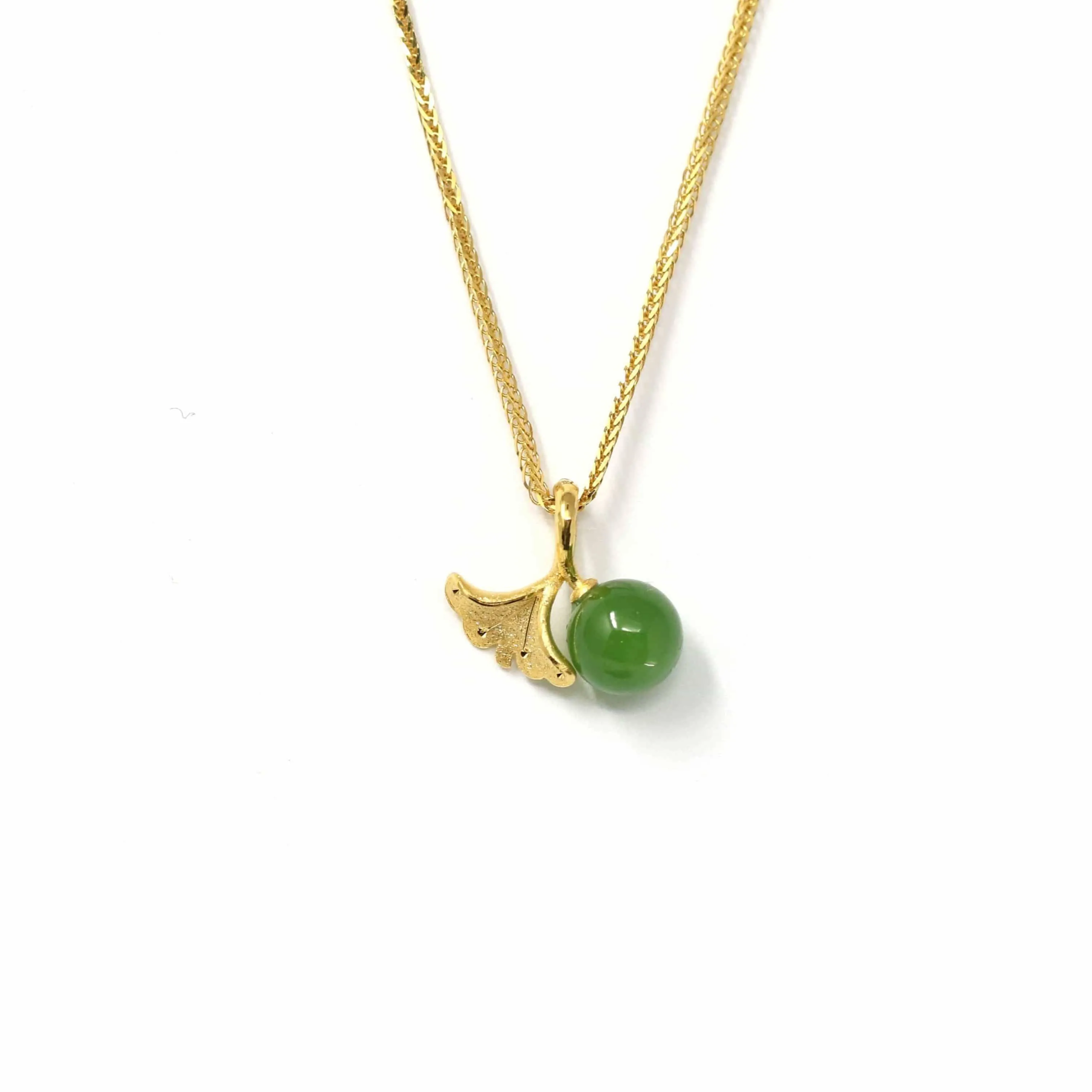 24k Yellow Gold Genuine Green Jade Bead With Leaf Pendant Necklace