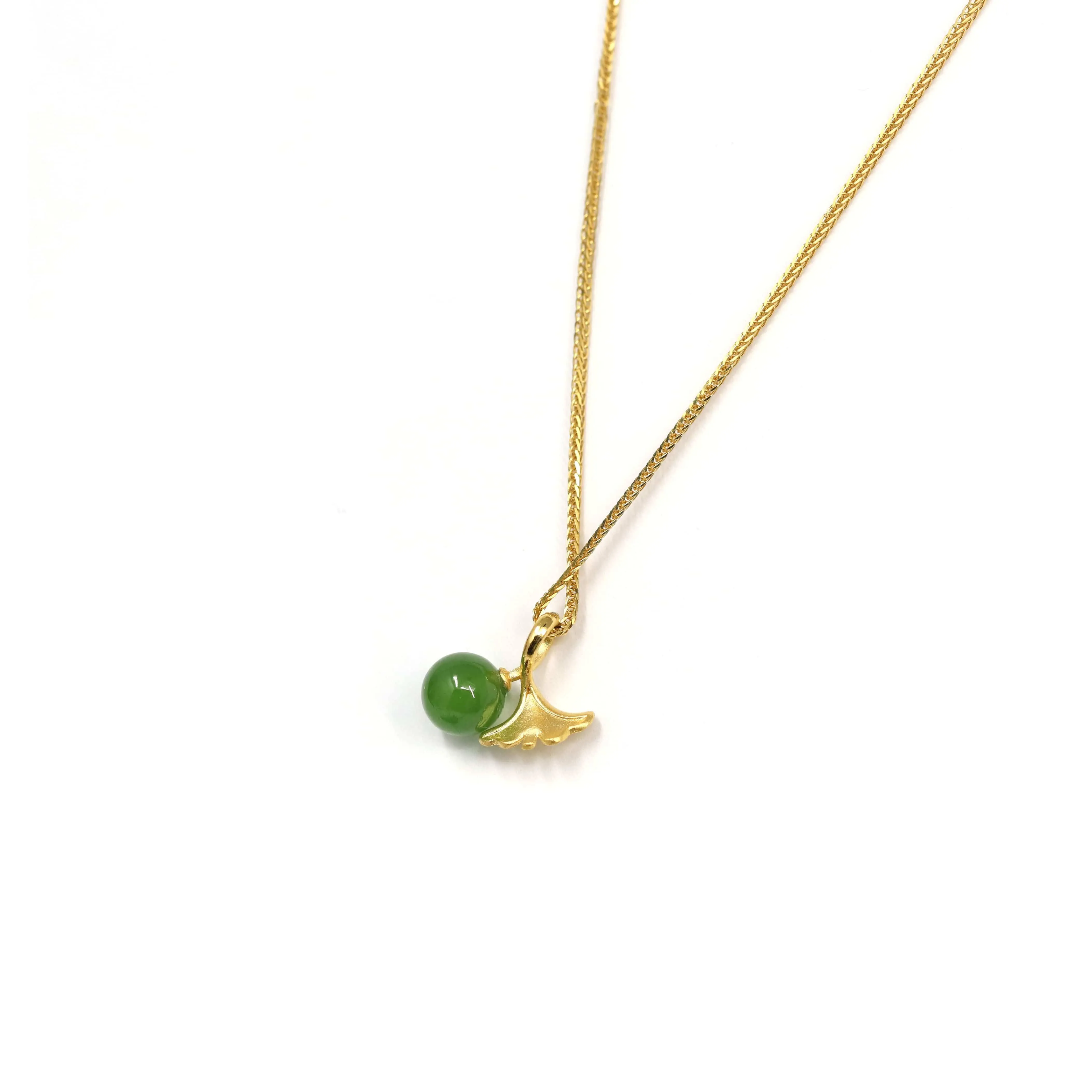 24k Yellow Gold Genuine Green Jade Bead With Leaf Pendant Necklace