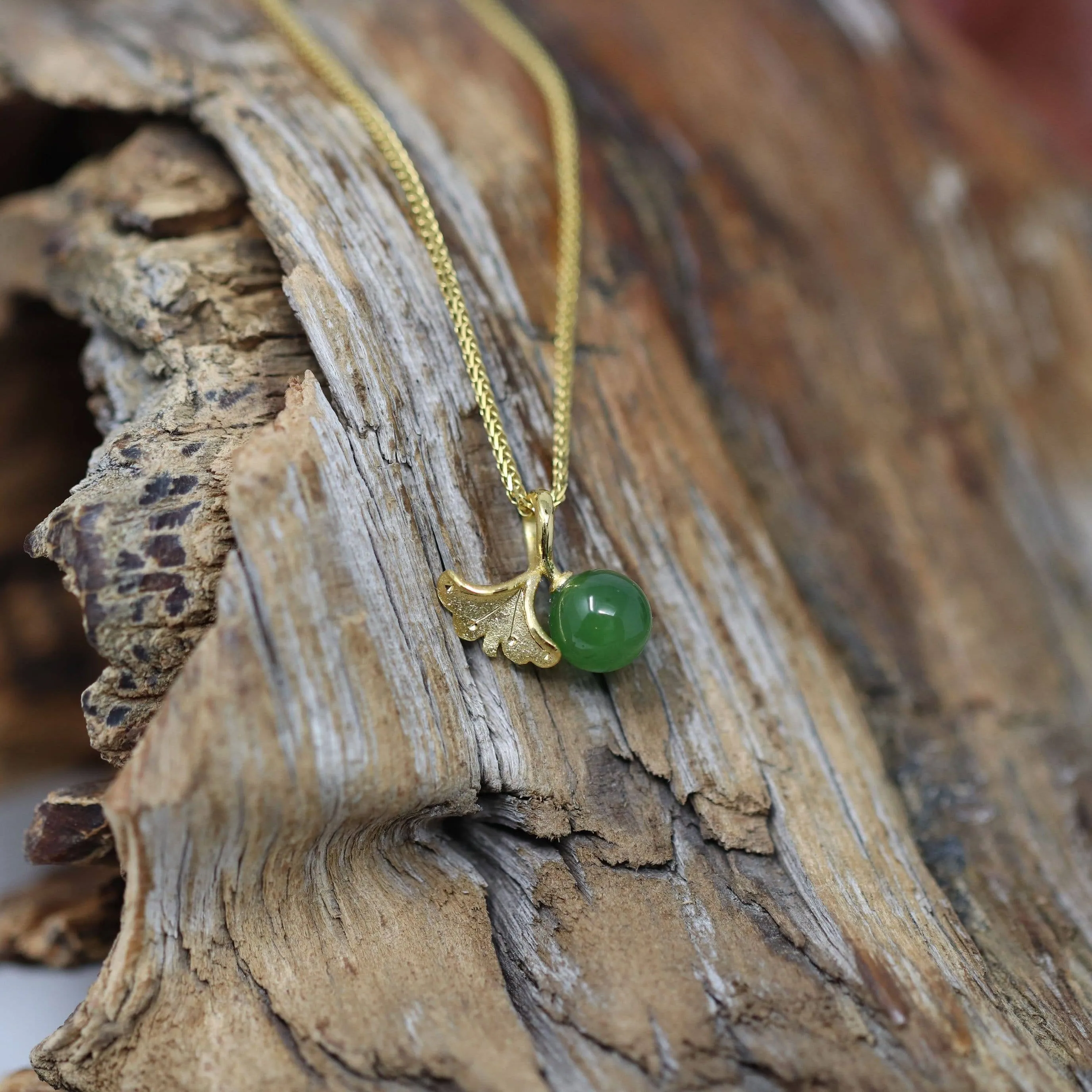 24k Yellow Gold Genuine Green Jade Bead With Leaf Pendant Necklace