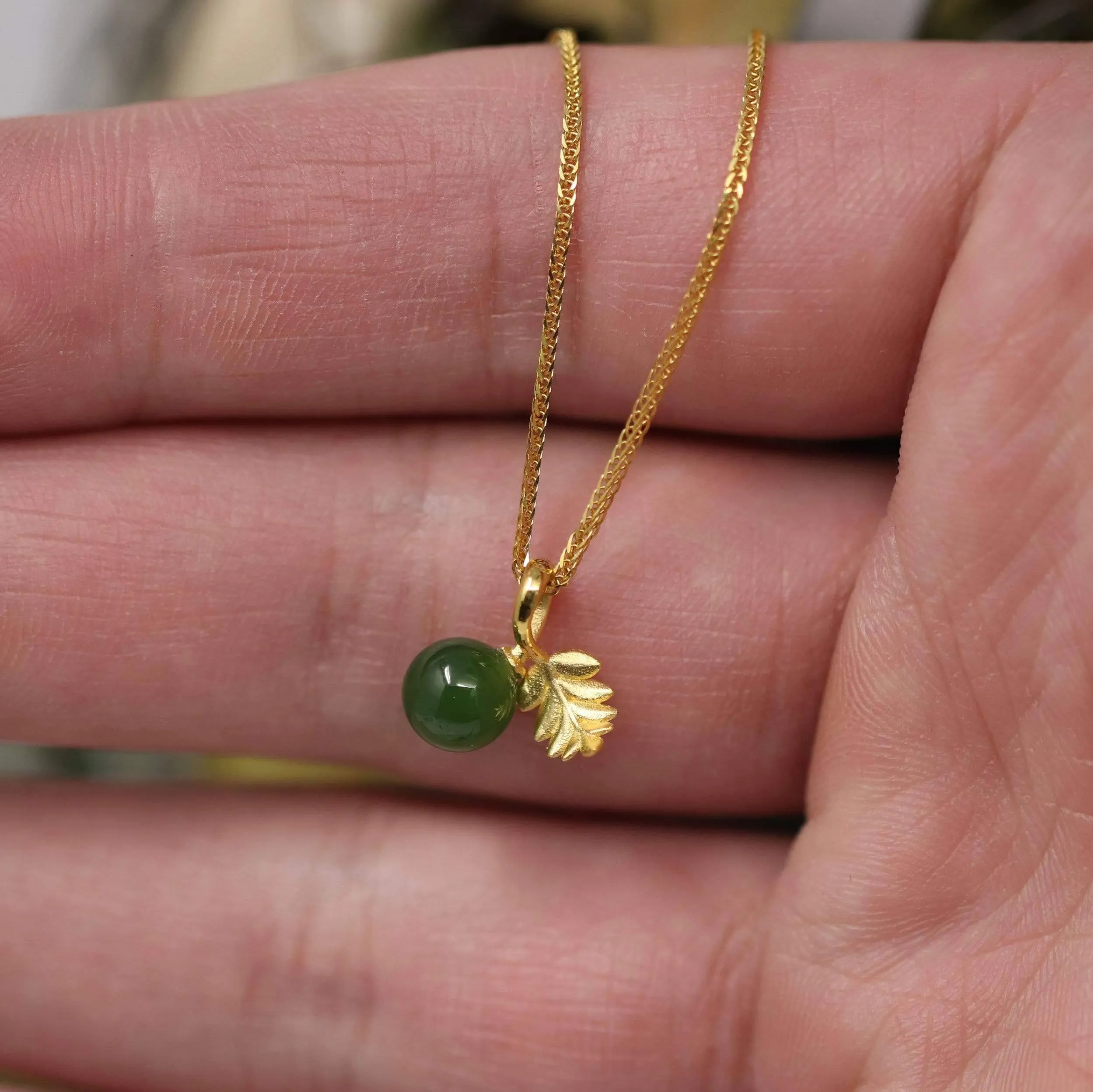 24k Yellow Gold Genuine Green Jade Bead With Leaf Pendant Necklace