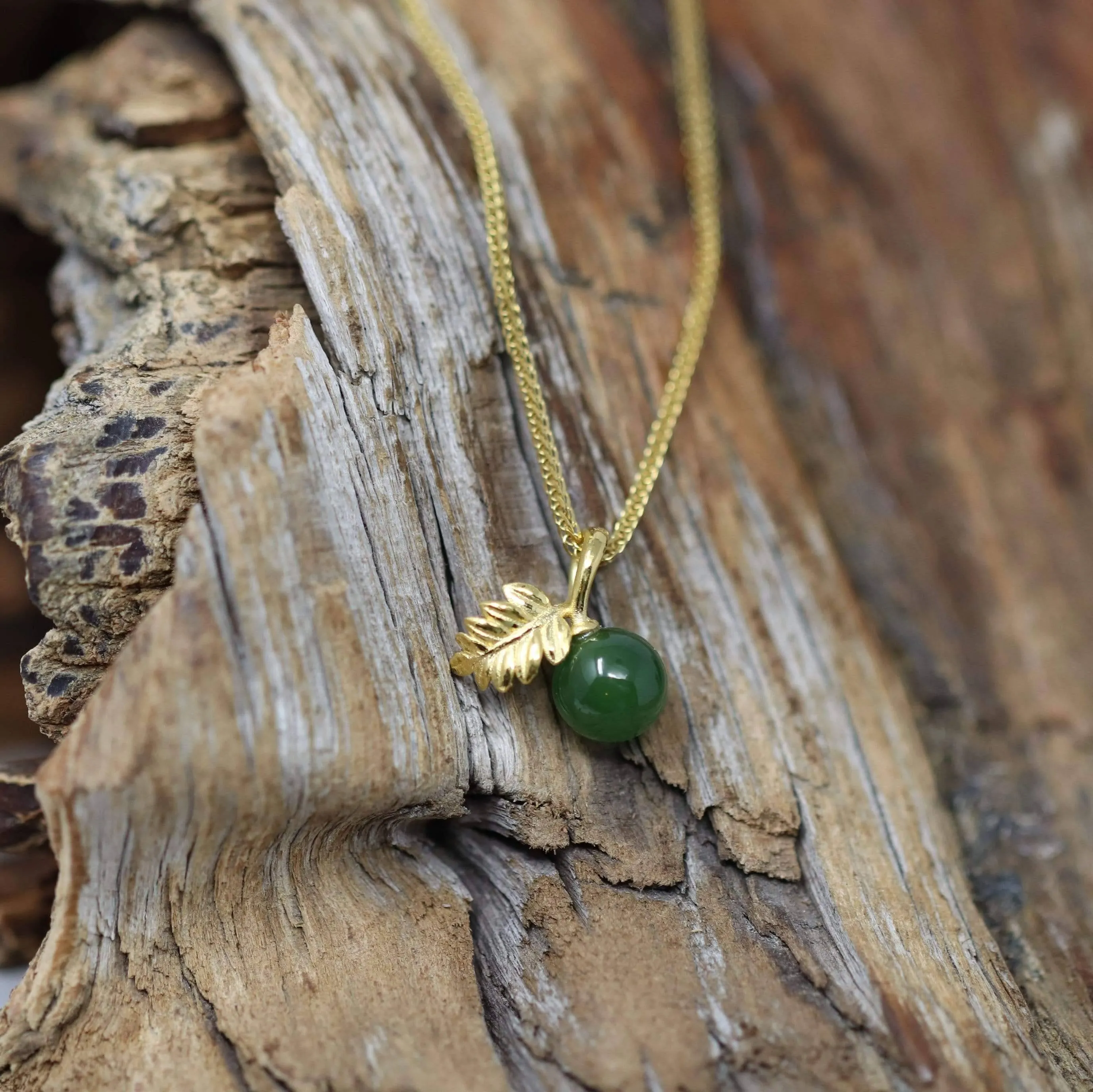 24k Yellow Gold Genuine Green Jade Bead With Leaf Pendant Necklace