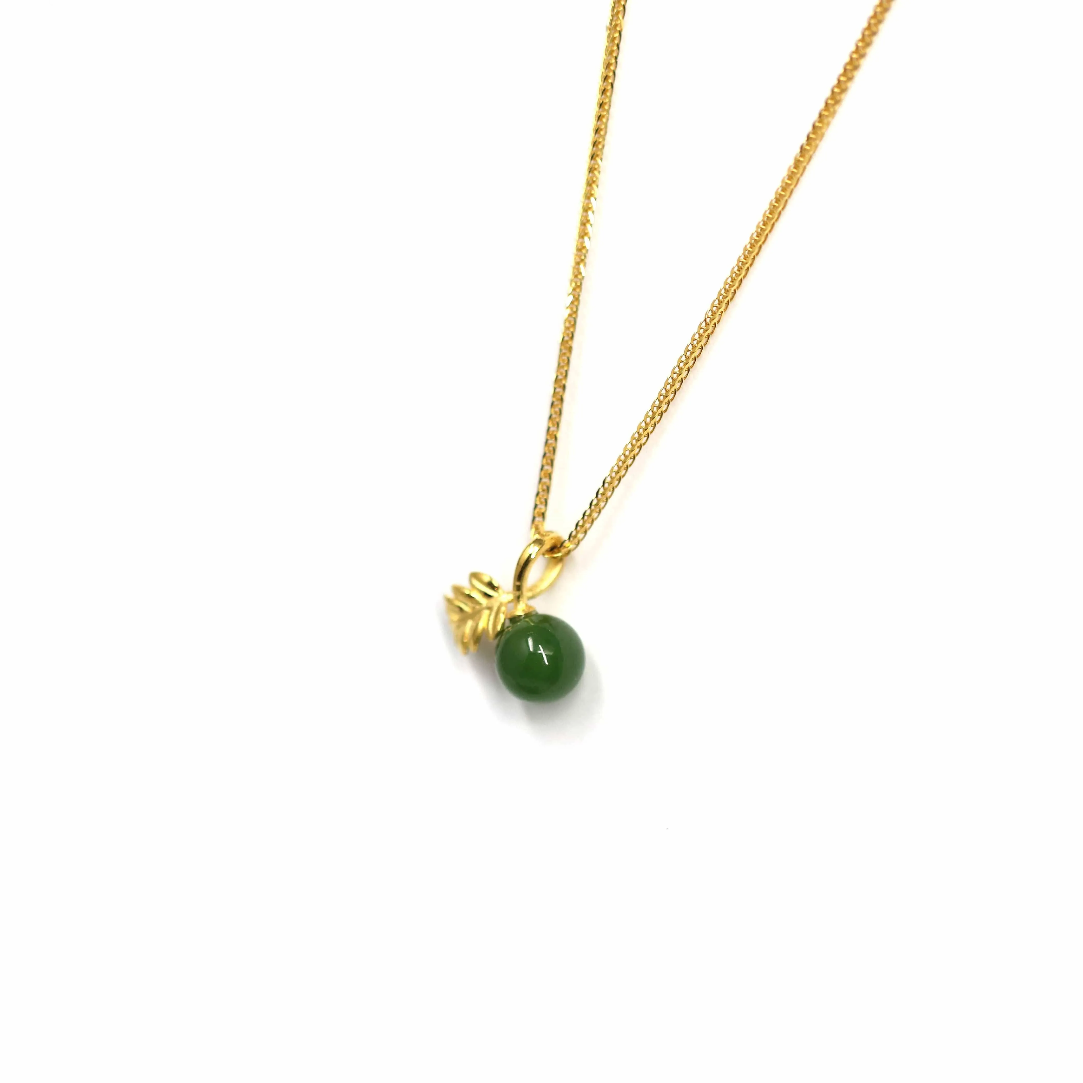 24k Yellow Gold Genuine Green Jade Bead With Leaf Pendant Necklace