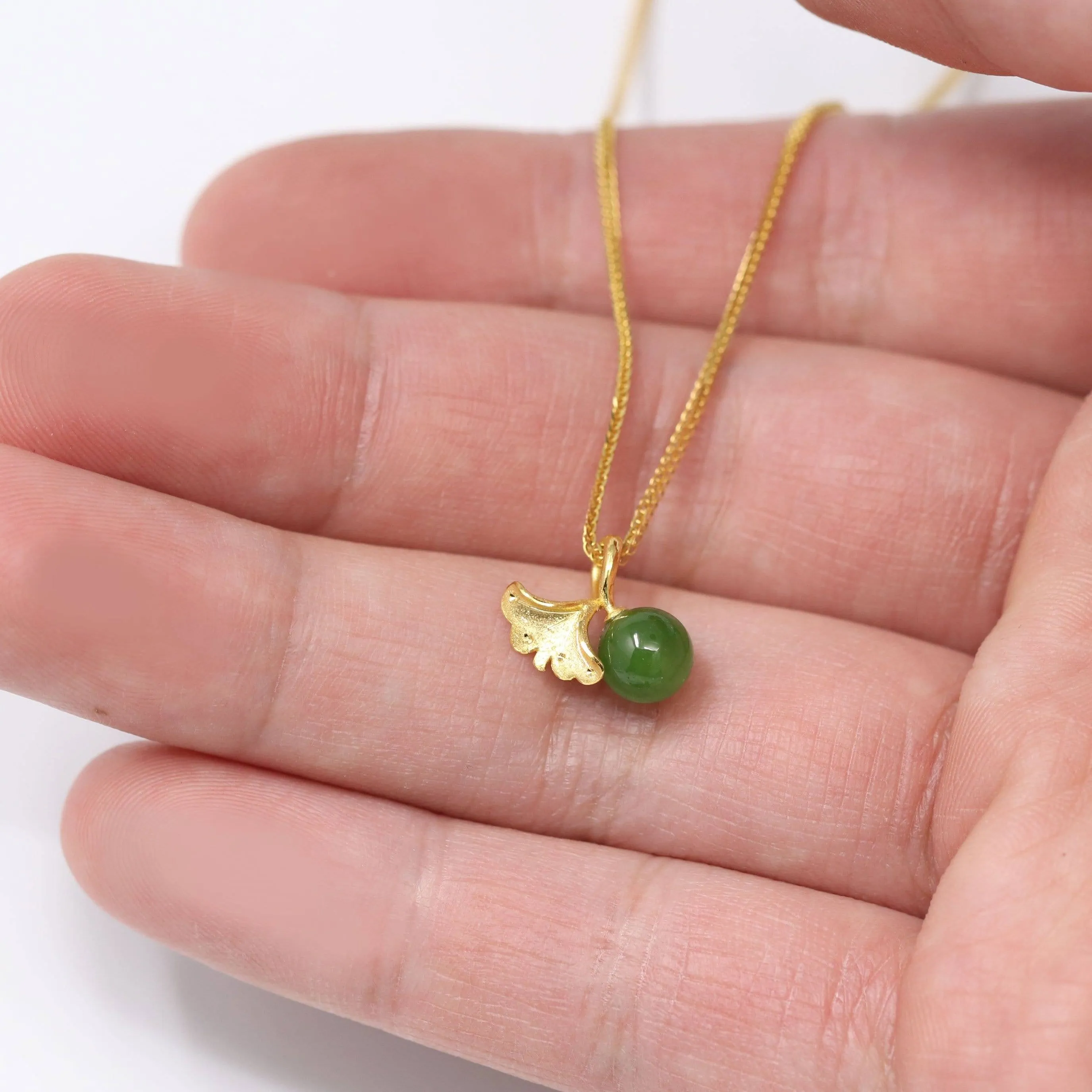 24k Yellow Gold Genuine Green Jade Bead With Leaf Pendant Necklace