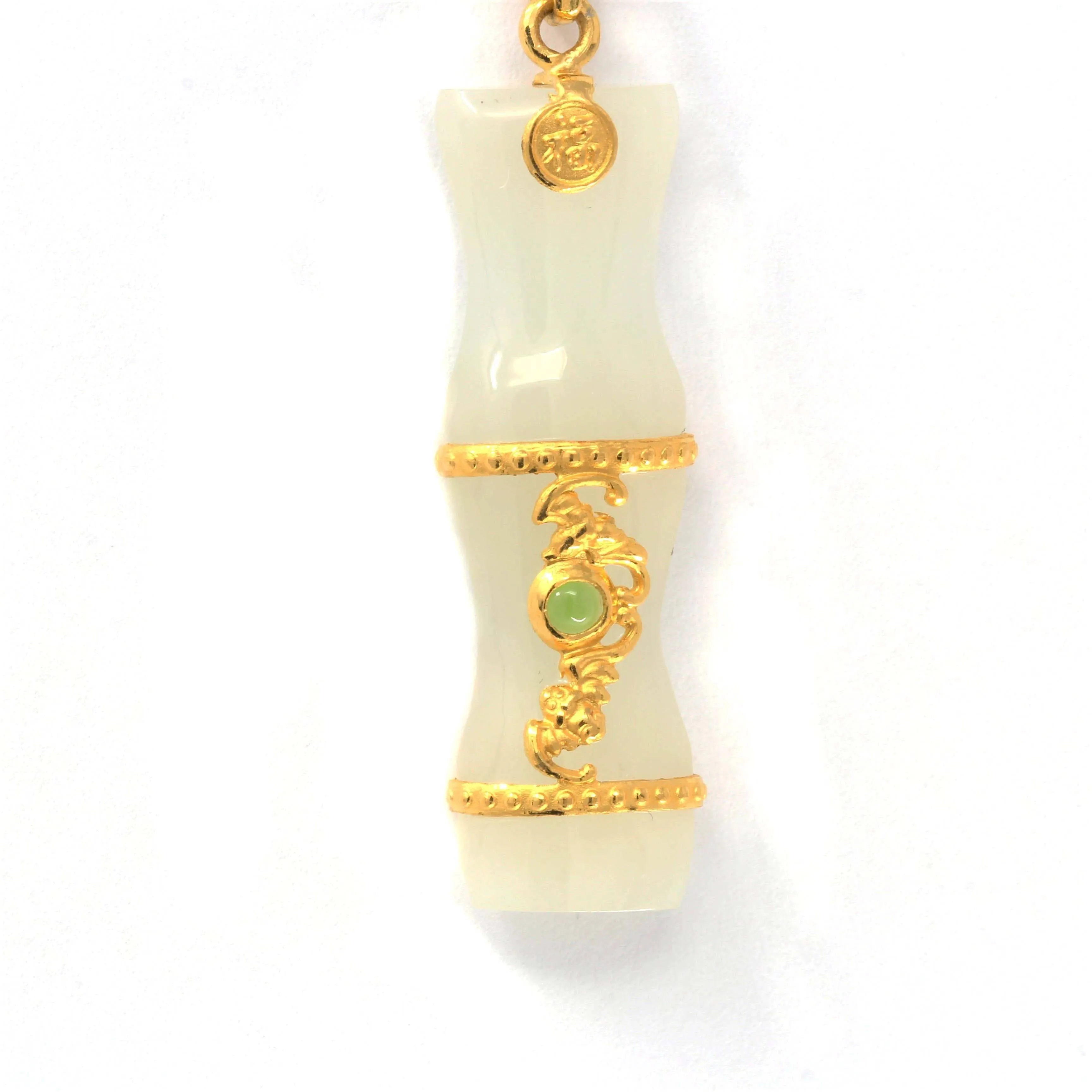 24k Yellow Solid Gold Genuine Nephrite White & Green Jade Bamboo Pendant Necklace