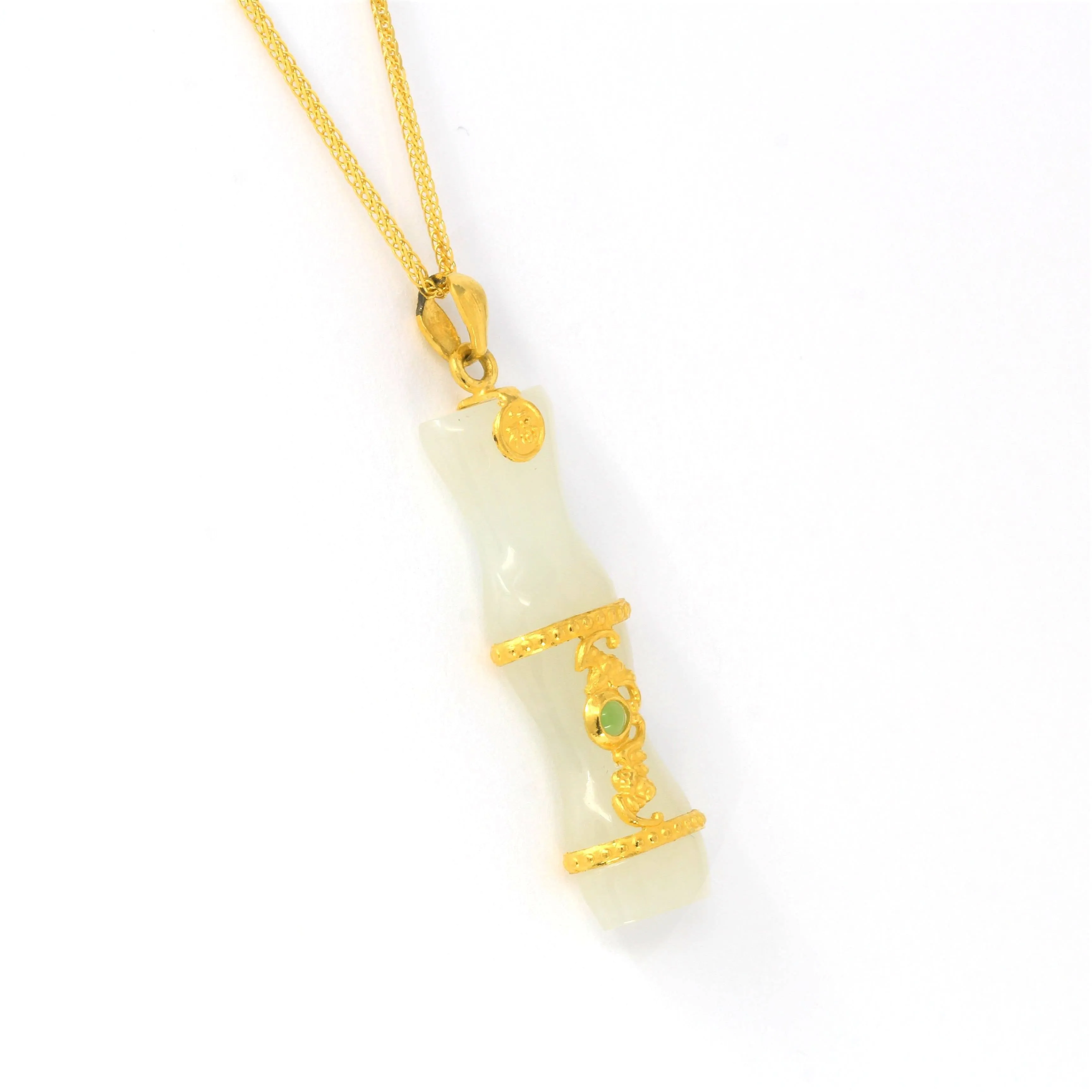 24k Yellow Solid Gold Genuine Nephrite White & Green Jade Bamboo Pendant Necklace