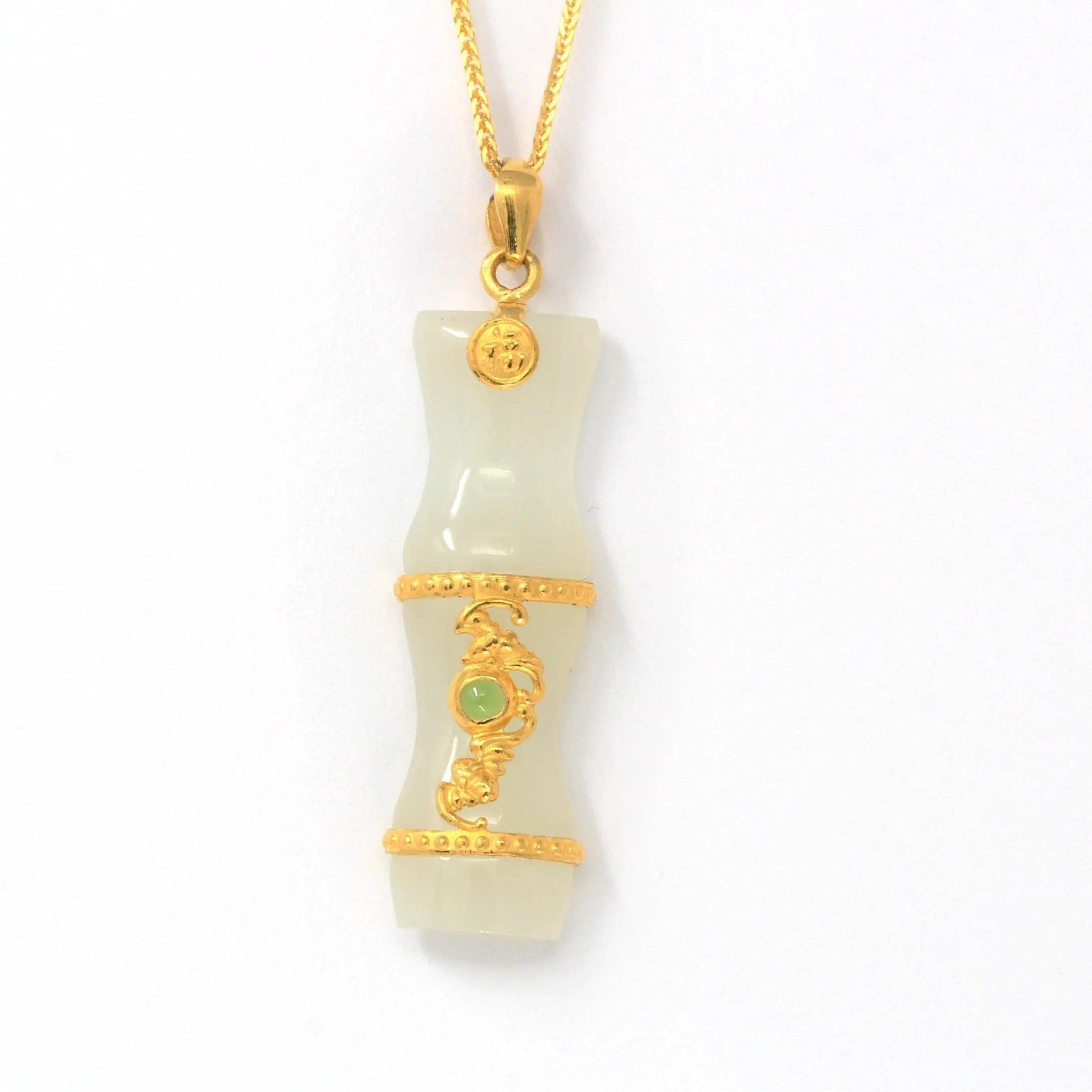 24k Yellow Solid Gold Genuine Nephrite White & Green Jade Bamboo Pendant Necklace