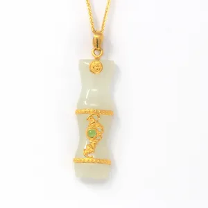 24k Yellow Solid Gold Genuine Nephrite White & Green Jade Bamboo Pendant Necklace