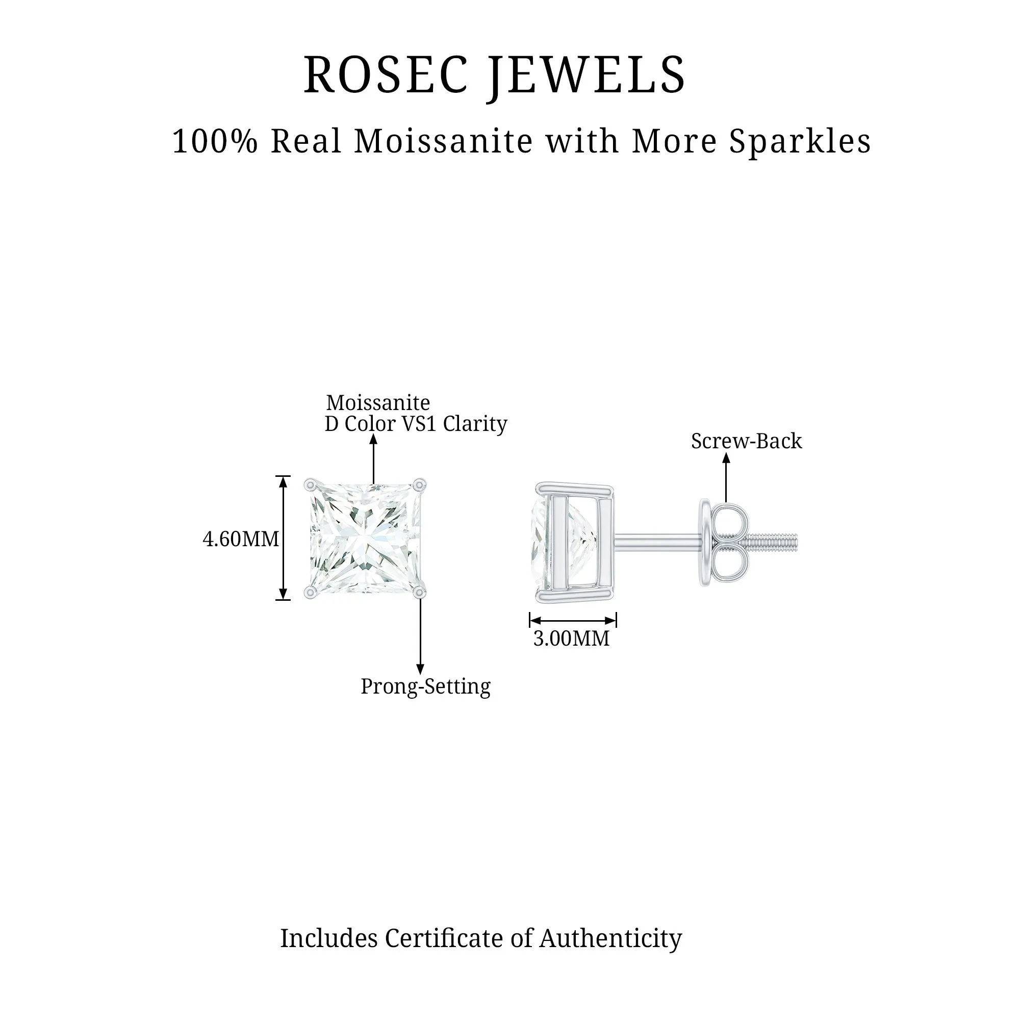 3/4 CT Princess Cut Moissanite Solitaire Stud Earrings for Women