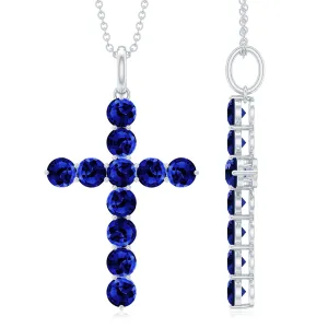 3.75 CT Created Blue Sapphire Cross Pendant Necklace in Gold