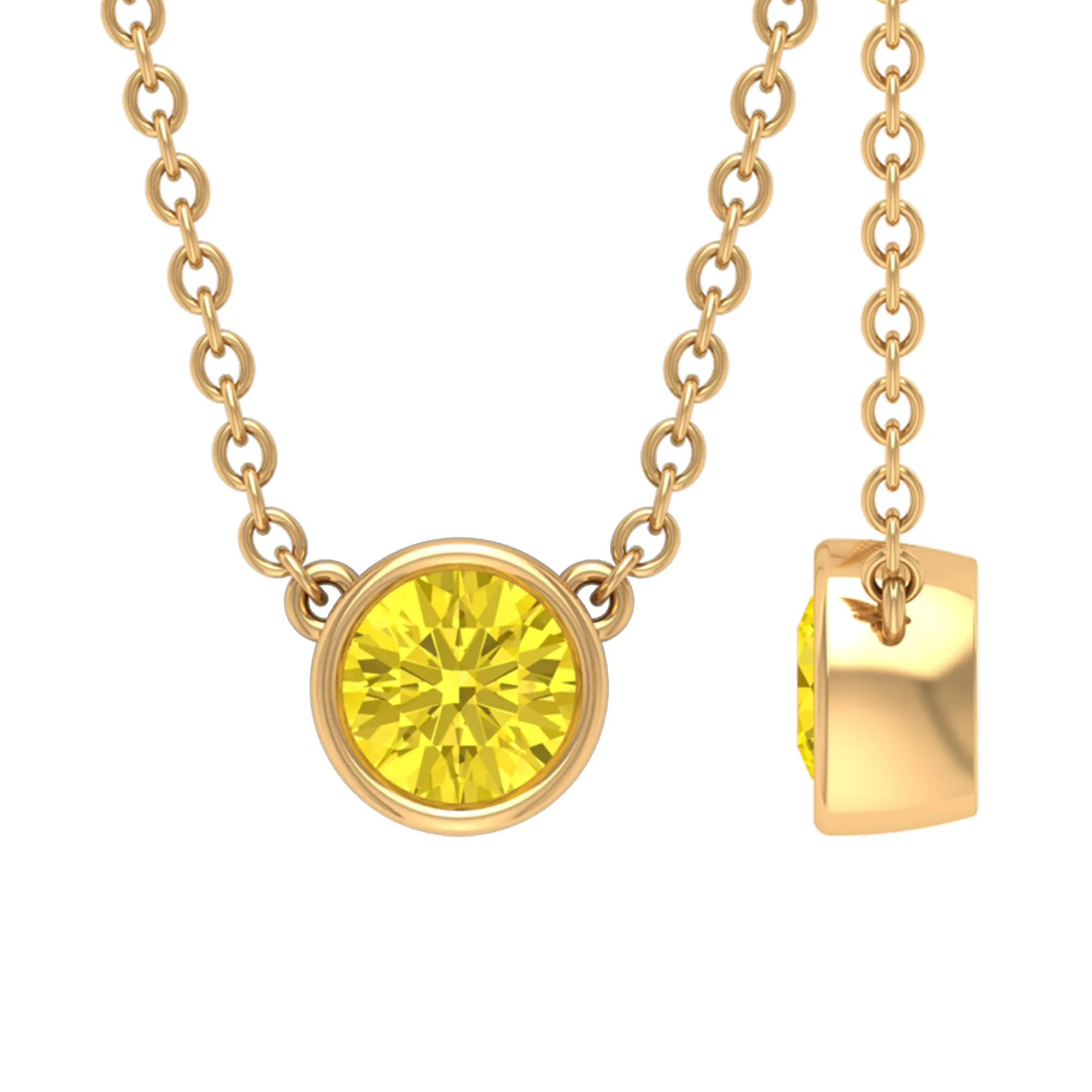 4 MM Round Shape Yellow Sapphire Solitaire Necklace in Bezel Setting For Women