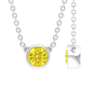 4 MM Round Shape Yellow Sapphire Solitaire Necklace in Bezel Setting For Women
