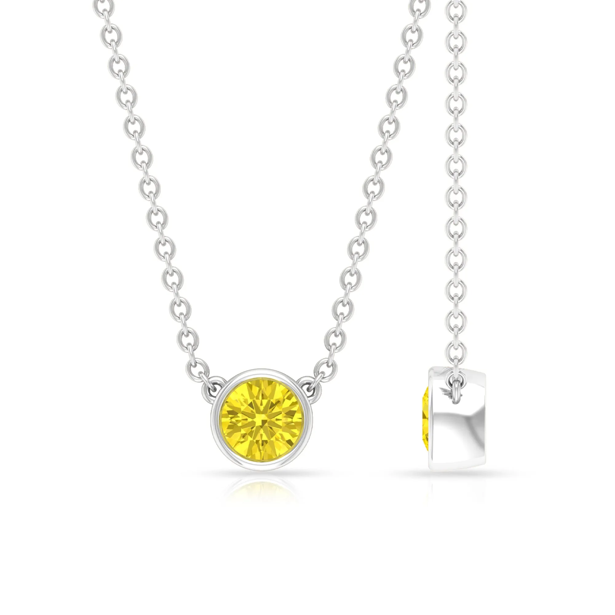 4 MM Round Shape Yellow Sapphire Solitaire Necklace in Bezel Setting For Women