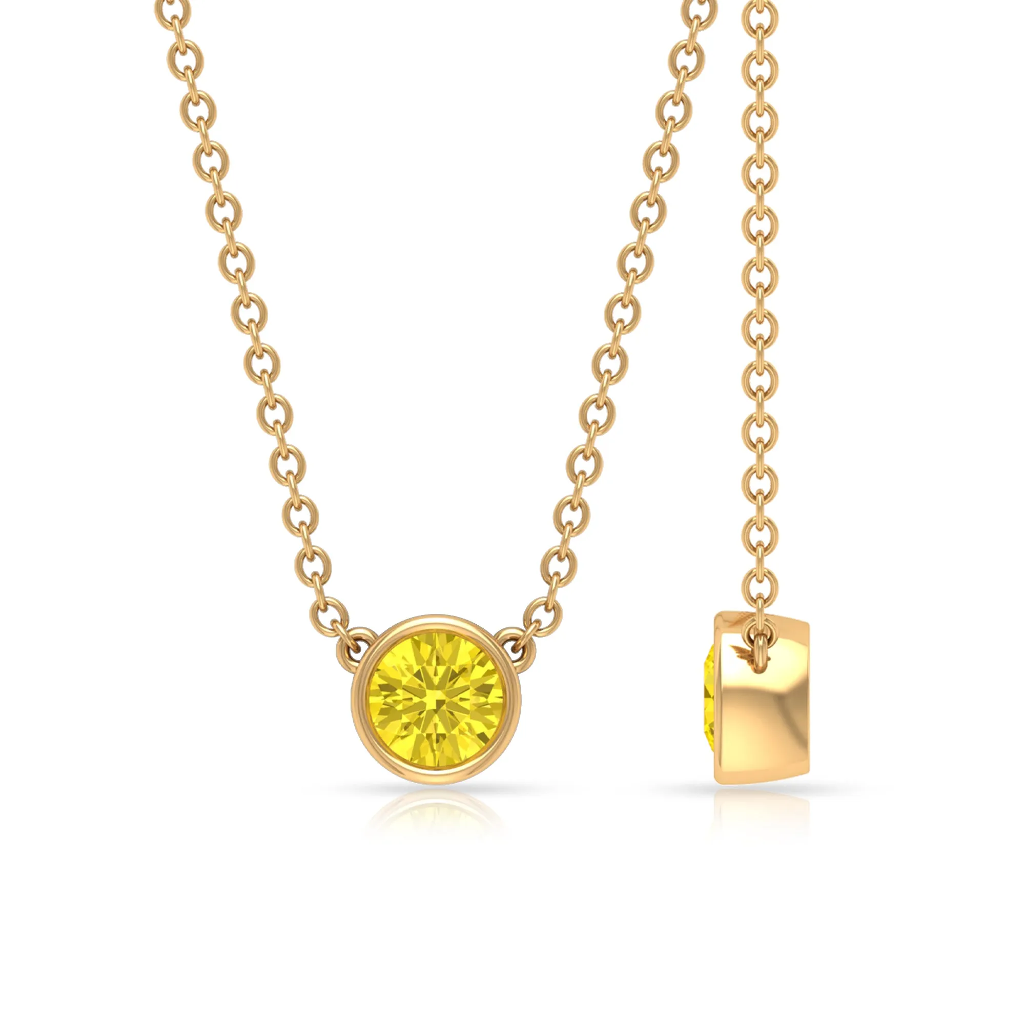 4 MM Round Shape Yellow Sapphire Solitaire Necklace in Bezel Setting For Women