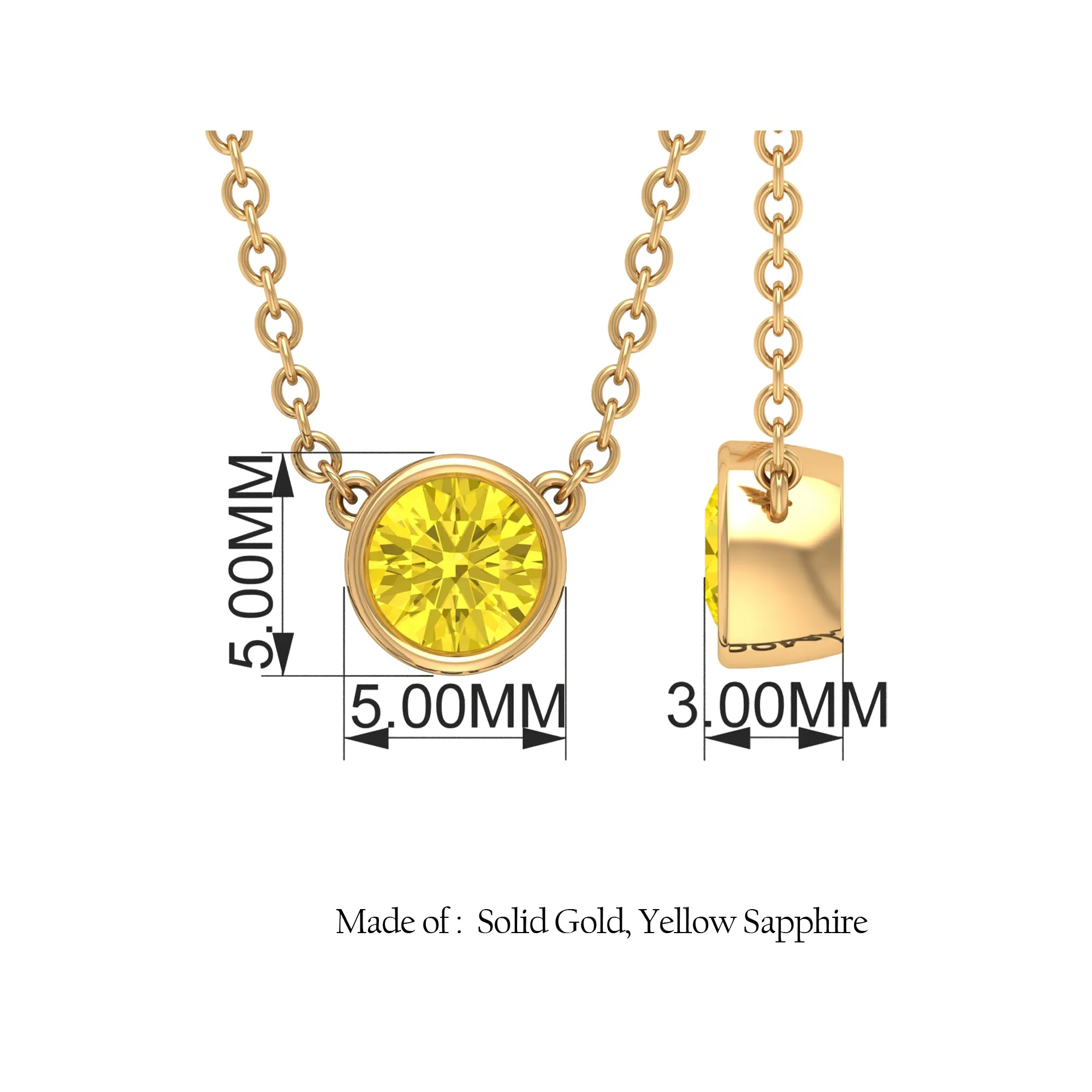 4 MM Round Shape Yellow Sapphire Solitaire Necklace in Bezel Setting For Women