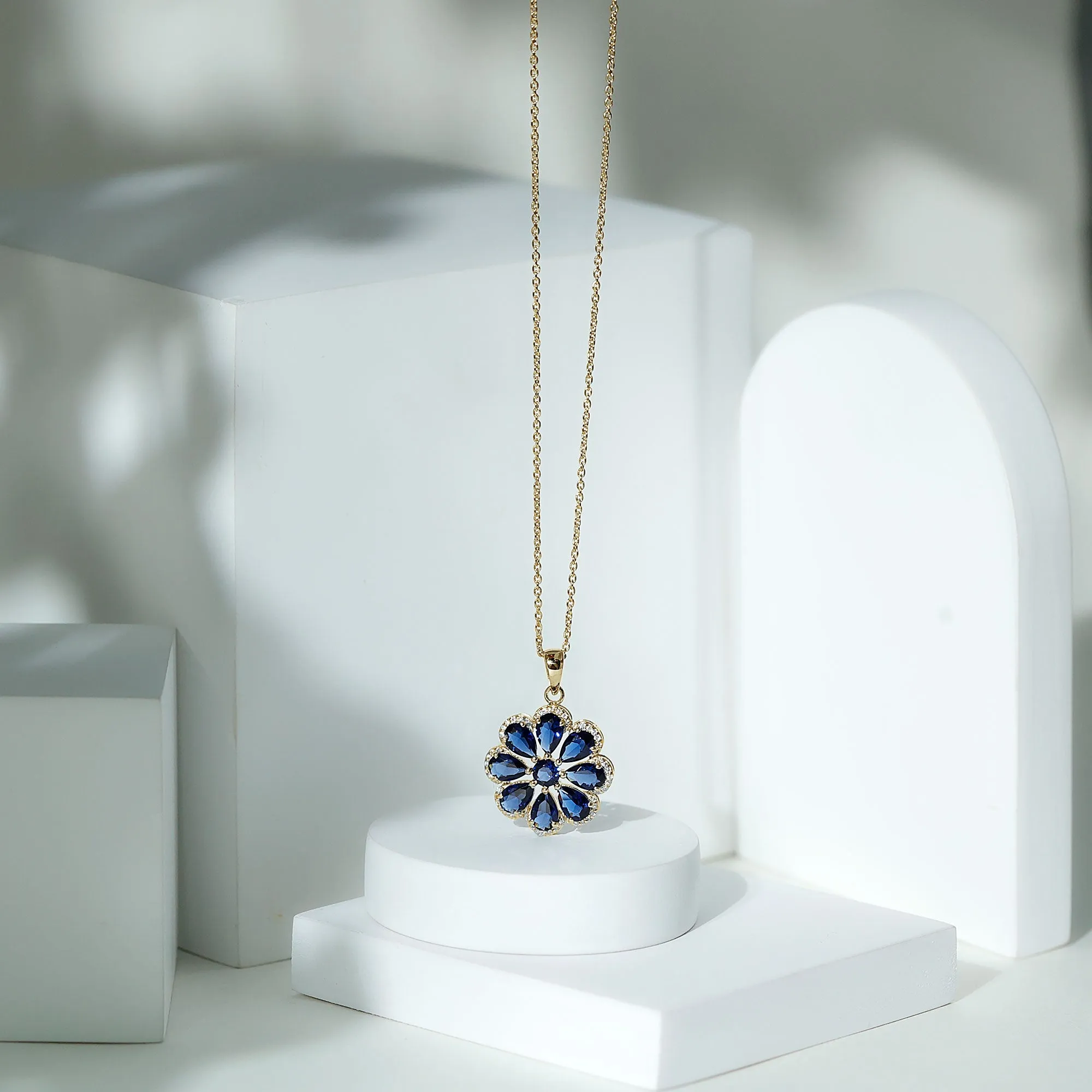 4.5 CT Created Blue Sapphire Flower Pendant with Moissanite Halo