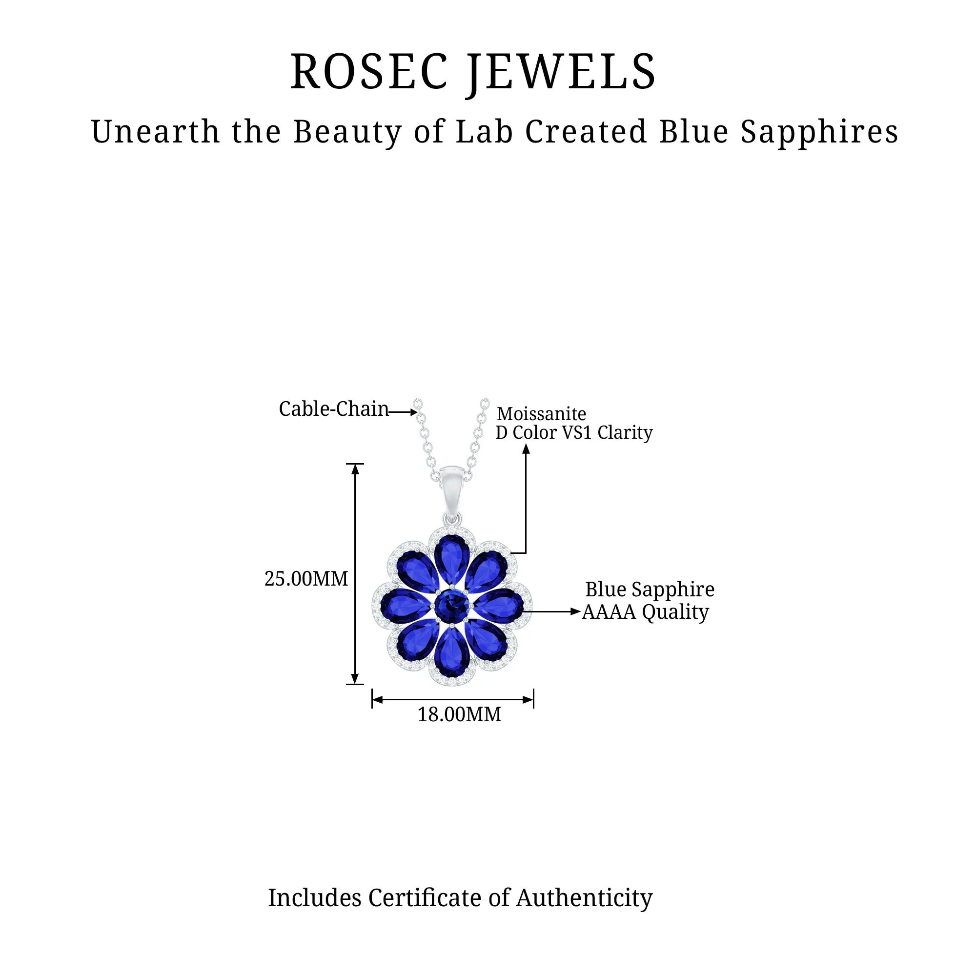 4.5 CT Created Blue Sapphire Flower Pendant with Moissanite Halo
