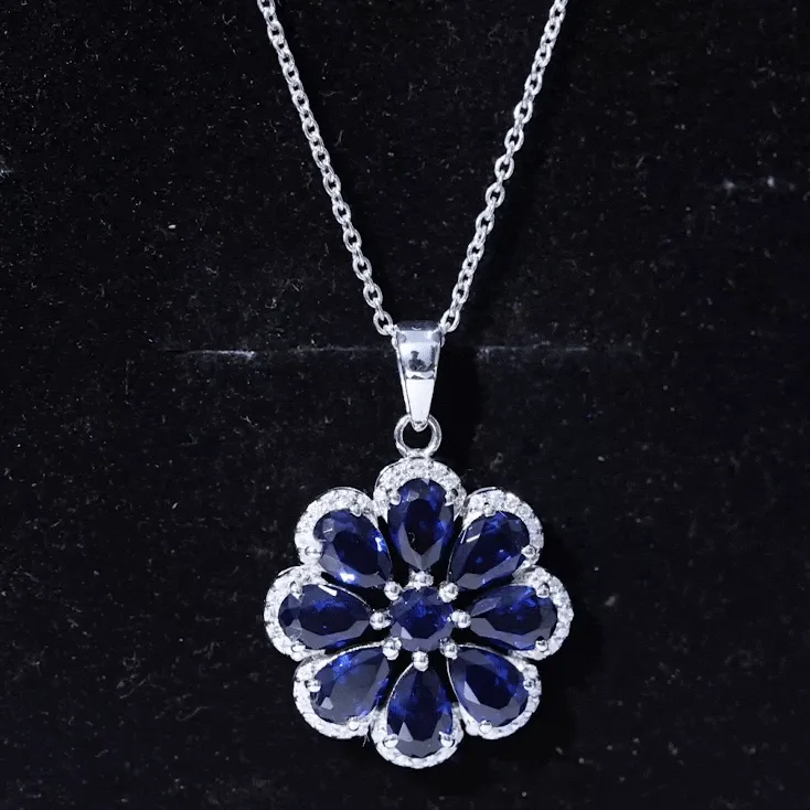 4.5 CT Created Blue Sapphire Flower Pendant with Moissanite Halo