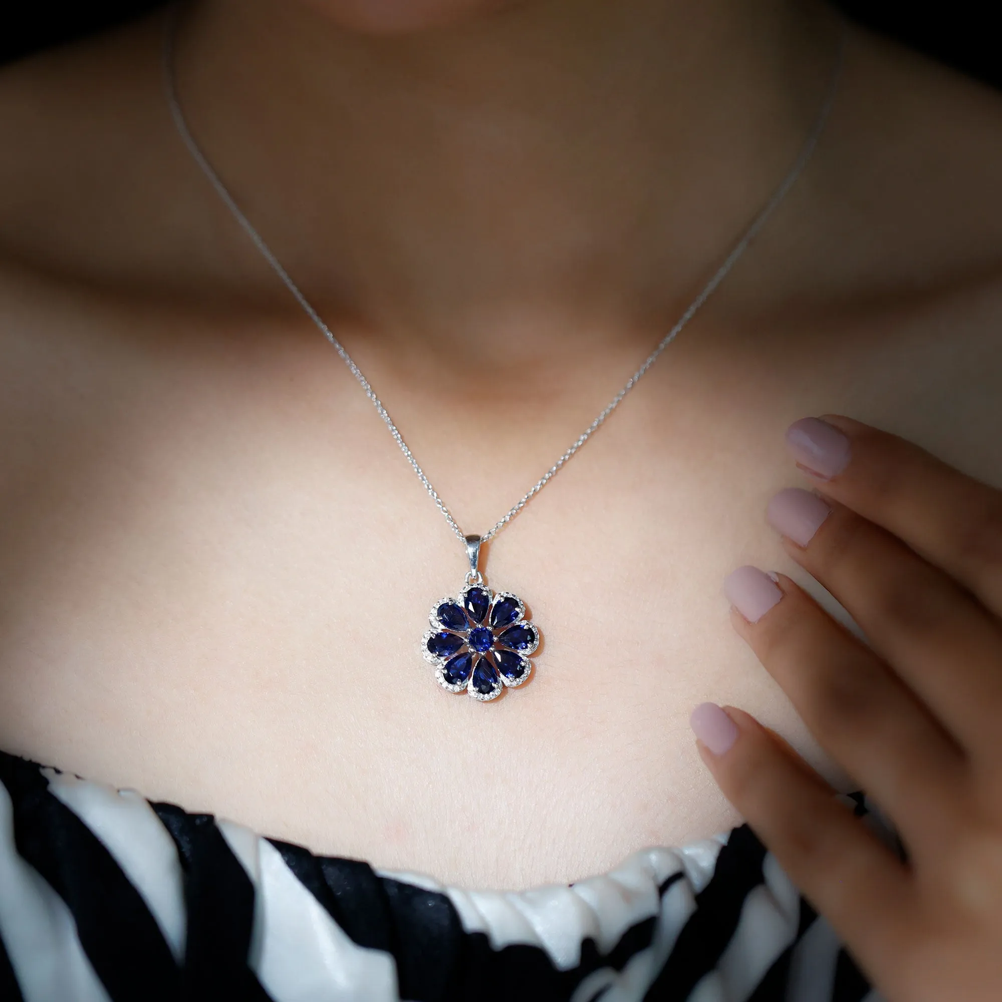 4.5 CT Created Blue Sapphire Flower Pendant with Moissanite Halo