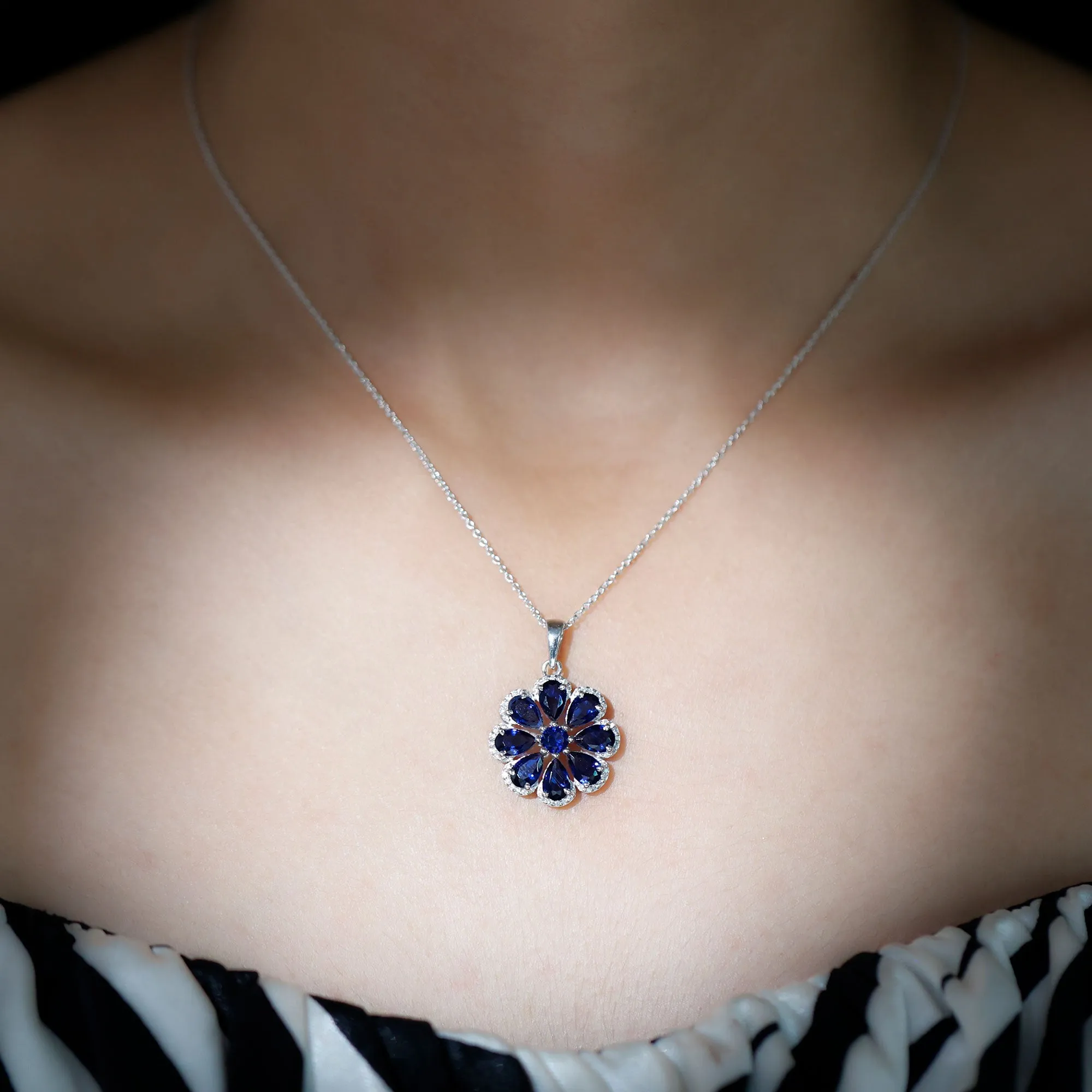 4.5 CT Created Blue Sapphire Flower Pendant with Moissanite Halo