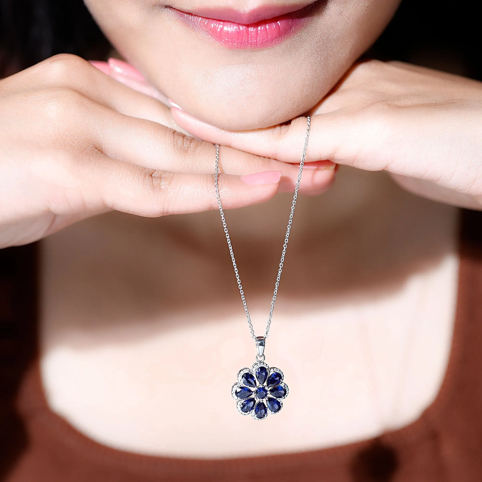 4.5 CT Created Blue Sapphire Flower Pendant with Moissanite Halo