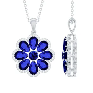 4.5 CT Created Blue Sapphire Flower Pendant with Moissanite Halo