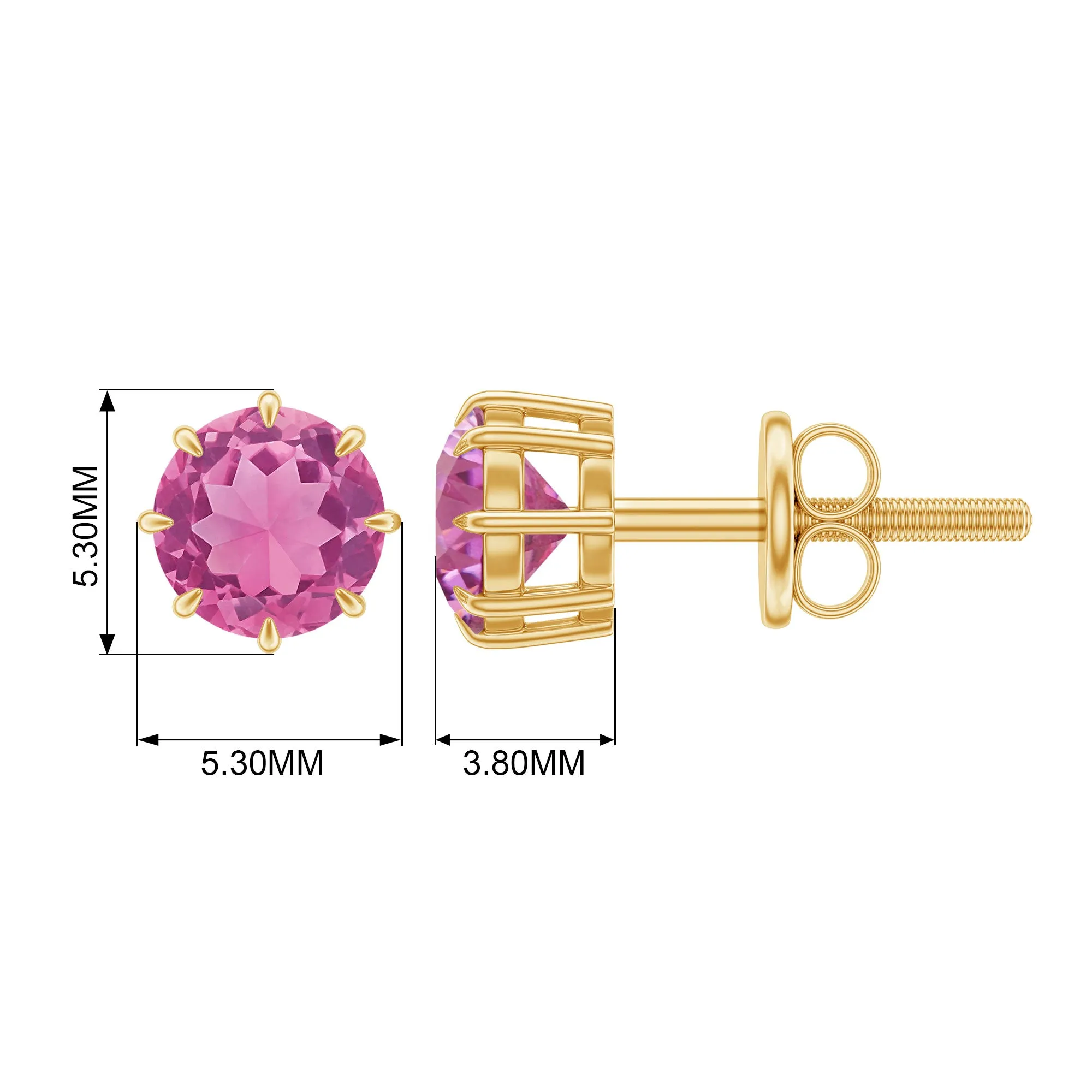 4.5 MM Natural Pink Tourmaline Solitaire Stud Earrings in 8 Claw Prong Setting