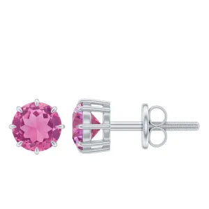 4.5 MM Natural Pink Tourmaline Solitaire Stud Earrings in 8 Claw Prong Setting