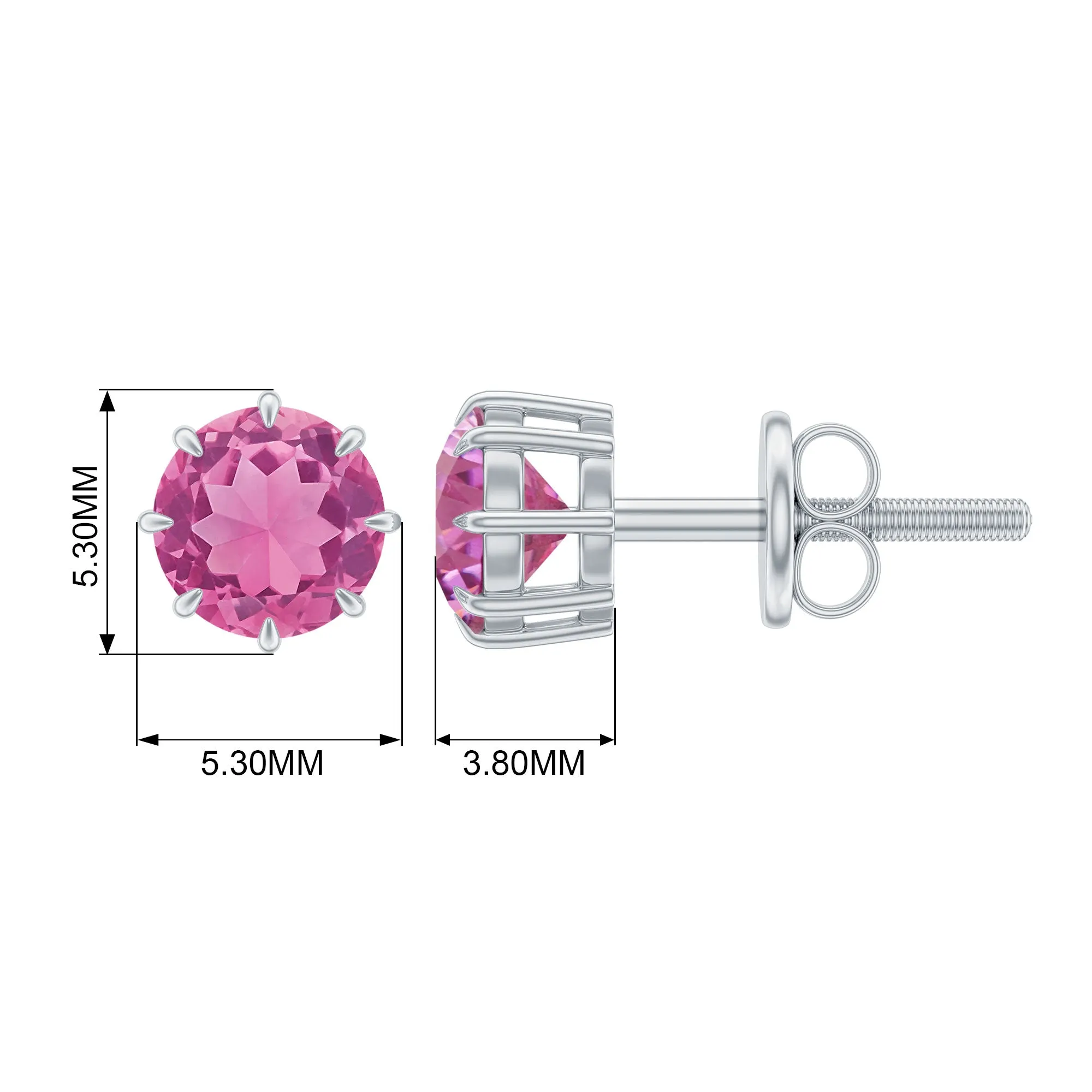 4.5 MM Natural Pink Tourmaline Solitaire Stud Earrings in 8 Claw Prong Setting