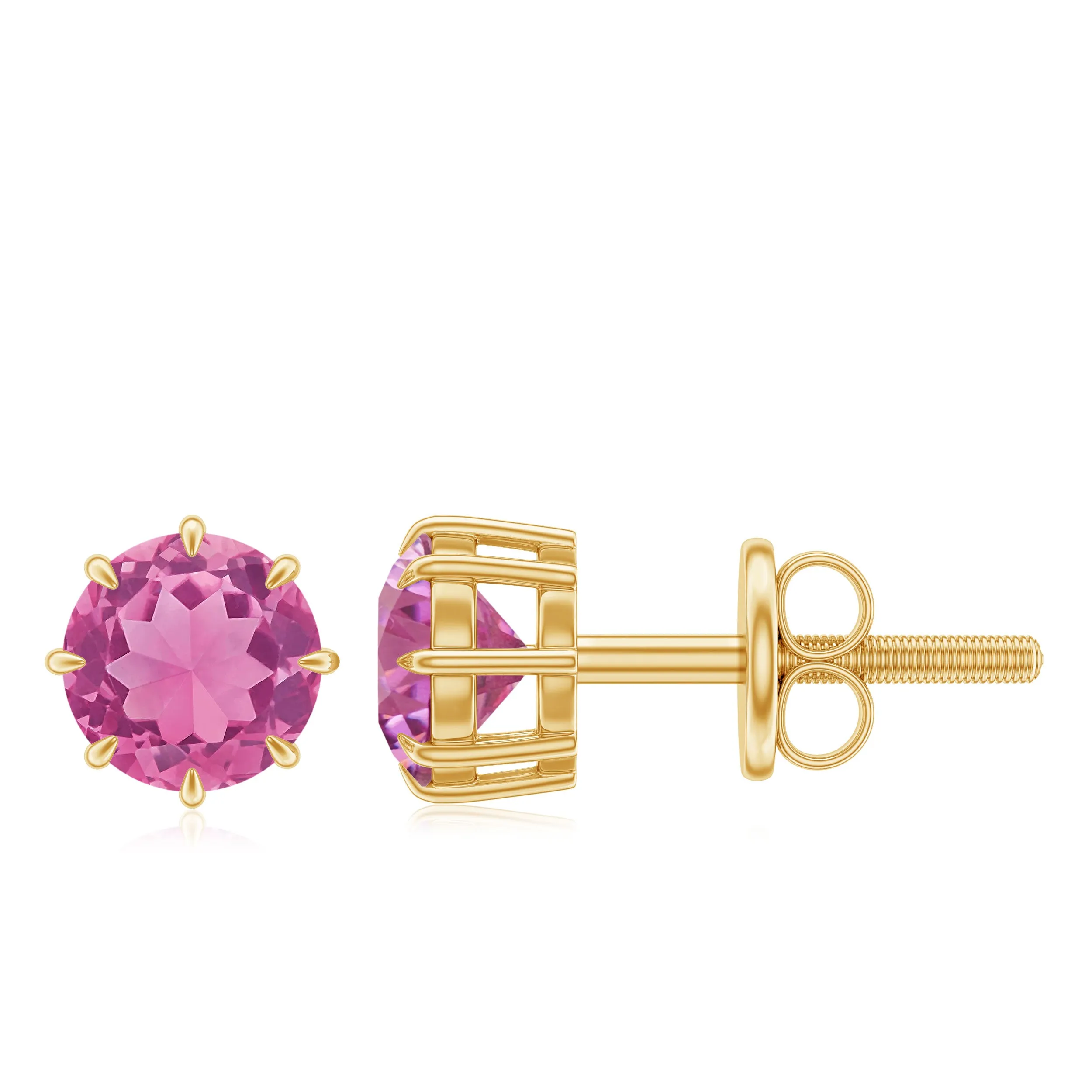 4.5 MM Natural Pink Tourmaline Solitaire Stud Earrings in 8 Claw Prong Setting