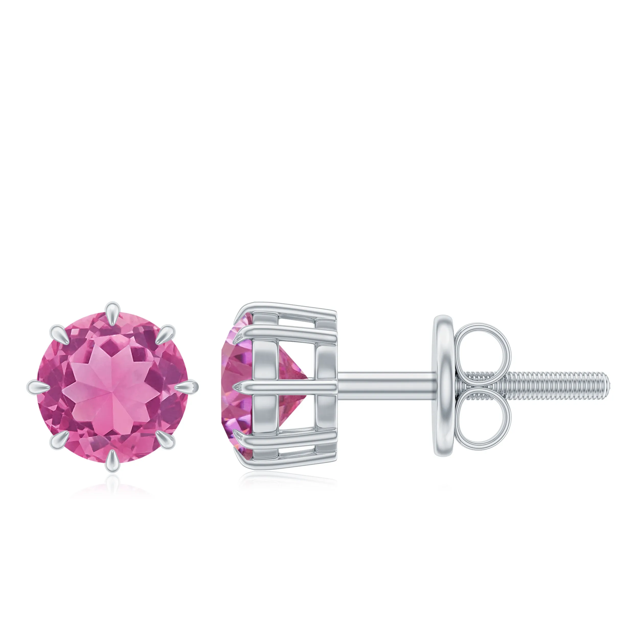 4.5 MM Natural Pink Tourmaline Solitaire Stud Earrings in 8 Claw Prong Setting