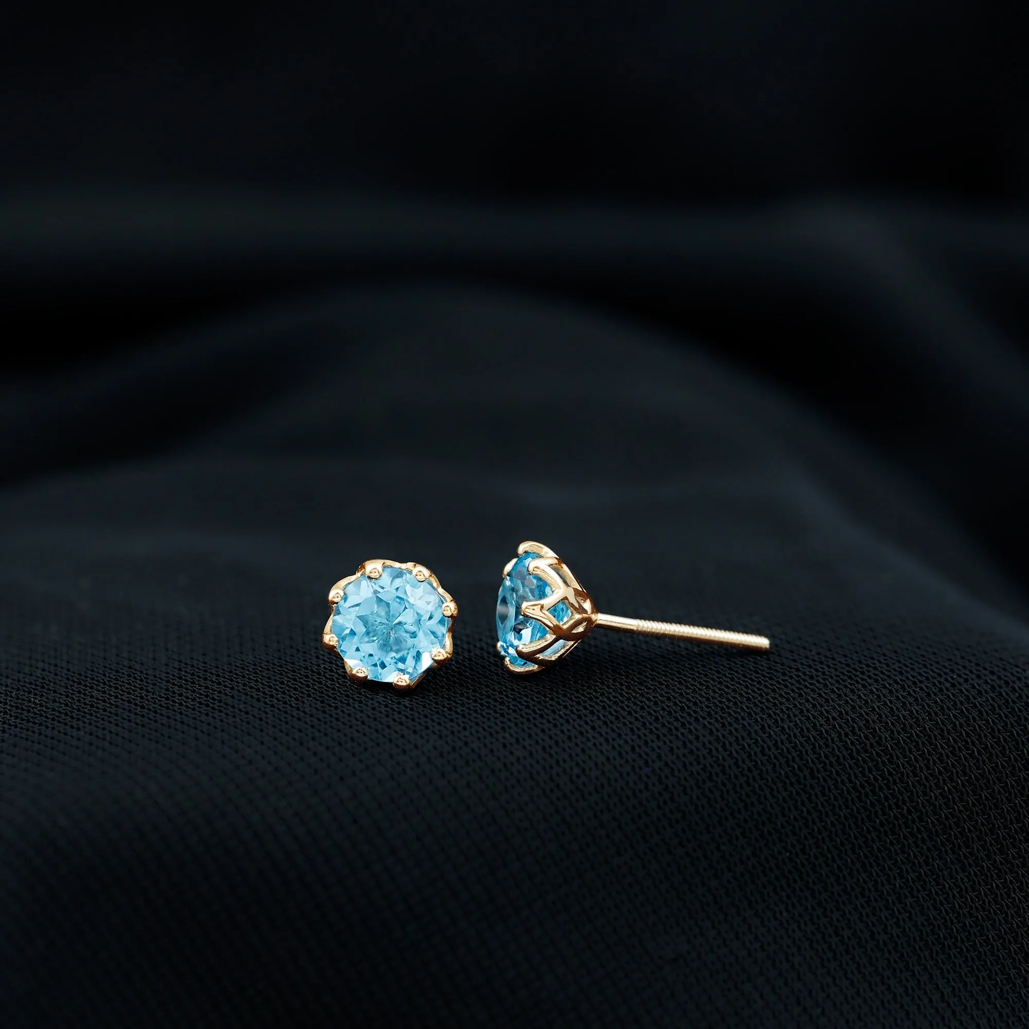 6 MM Decorative Swiss Blue Topaz Solitaire Stud Earrings