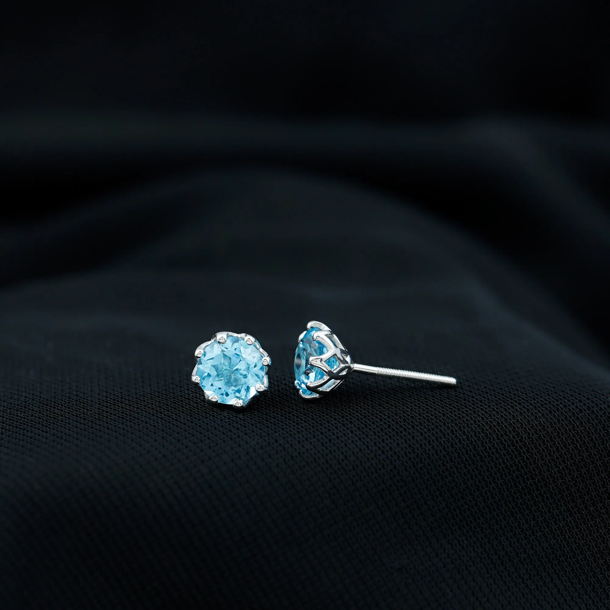 6 MM Decorative Swiss Blue Topaz Solitaire Stud Earrings