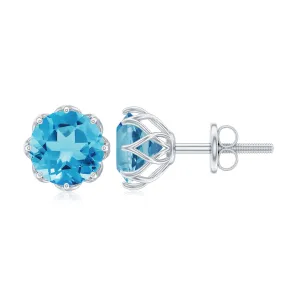 6 MM Decorative Swiss Blue Topaz Solitaire Stud Earrings
