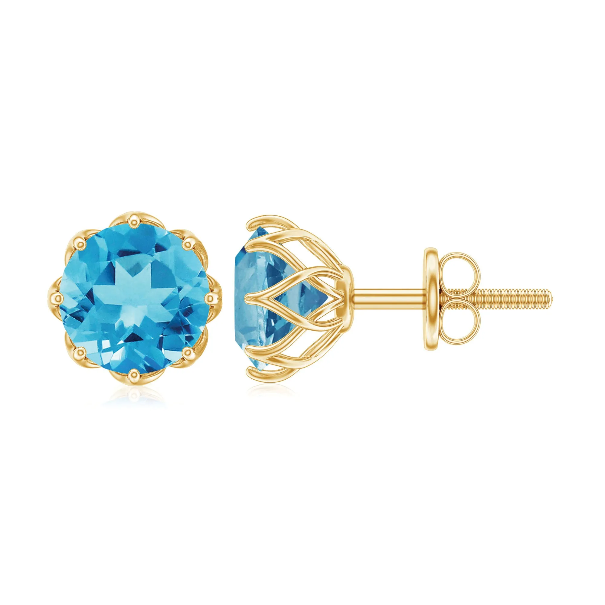 6 MM Decorative Swiss Blue Topaz Solitaire Stud Earrings