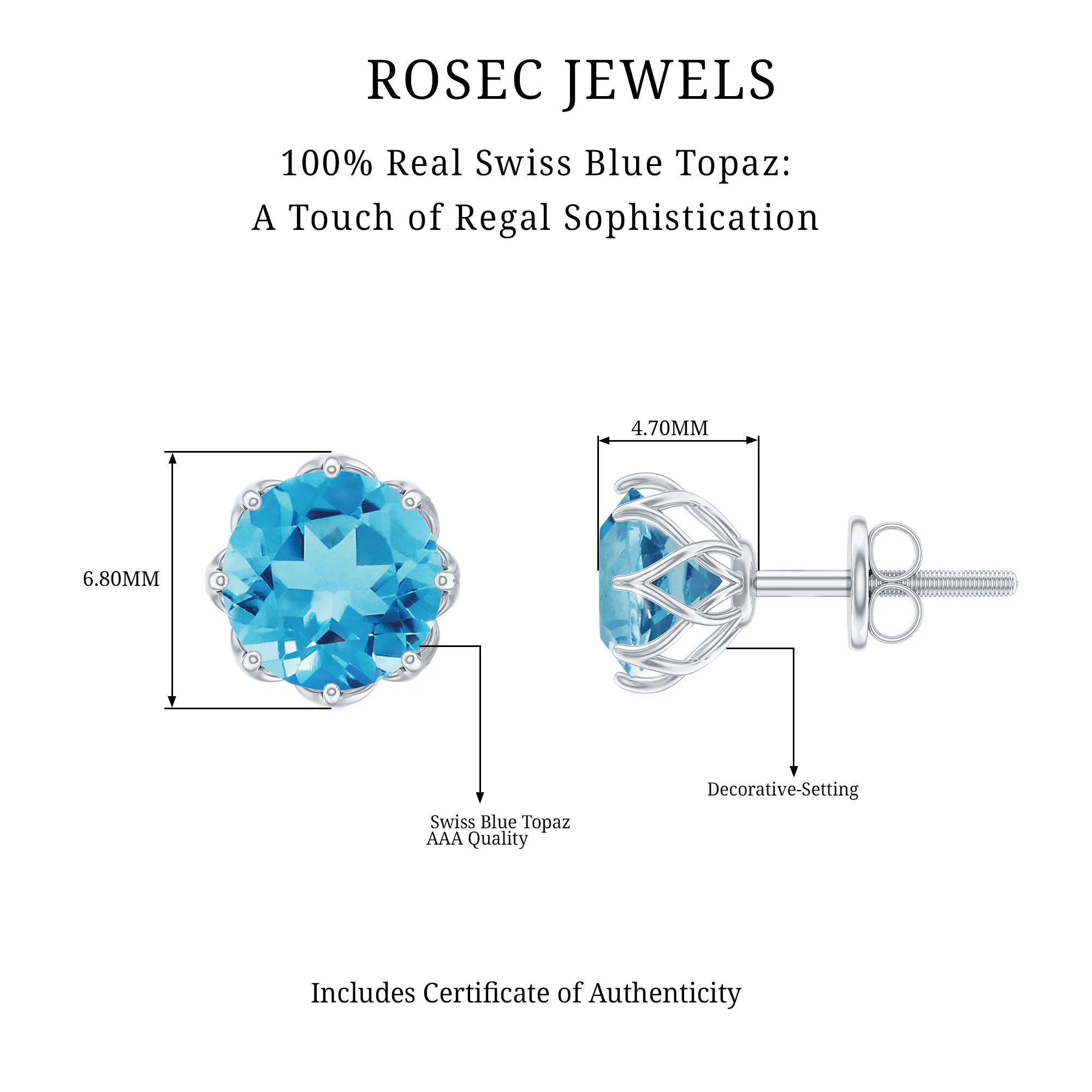 6 MM Decorative Swiss Blue Topaz Solitaire Stud Earrings