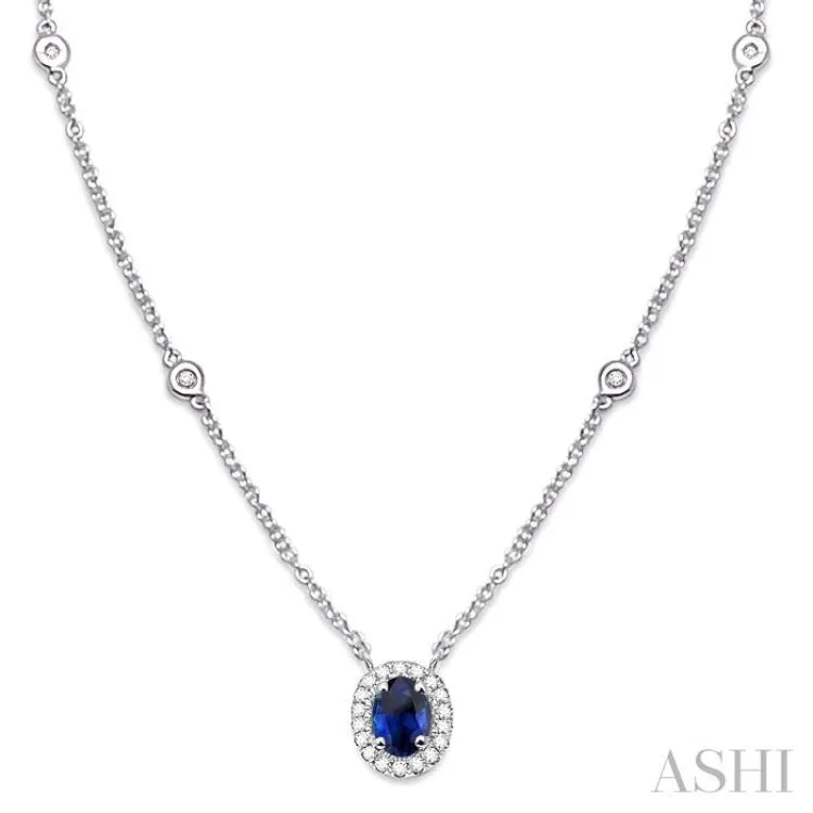 6X4MM Oval Cut Sapphire and 1/6 Ctw Round Cut Diamond Precious Necklace in 14K White Gold
