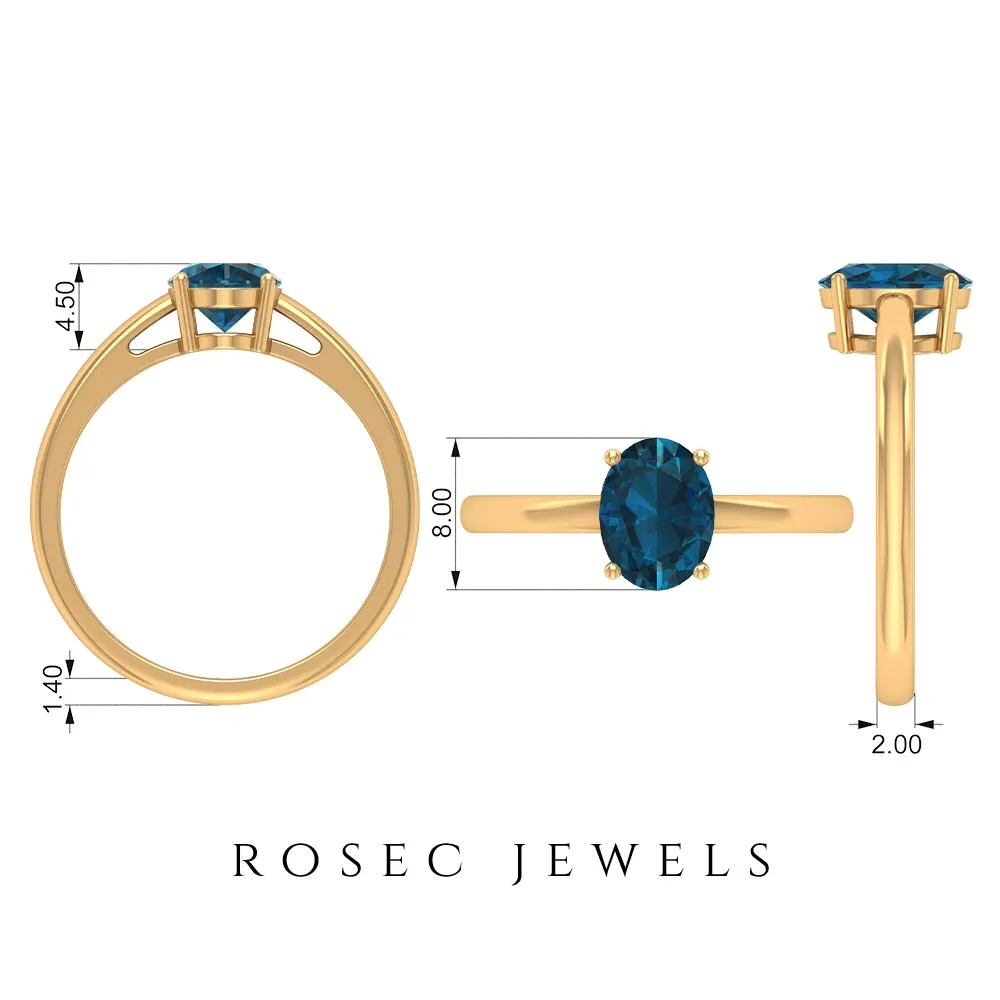 8X6 MM Oval Cut London Blue Topaz Solitaire and Gold Engagement Ring