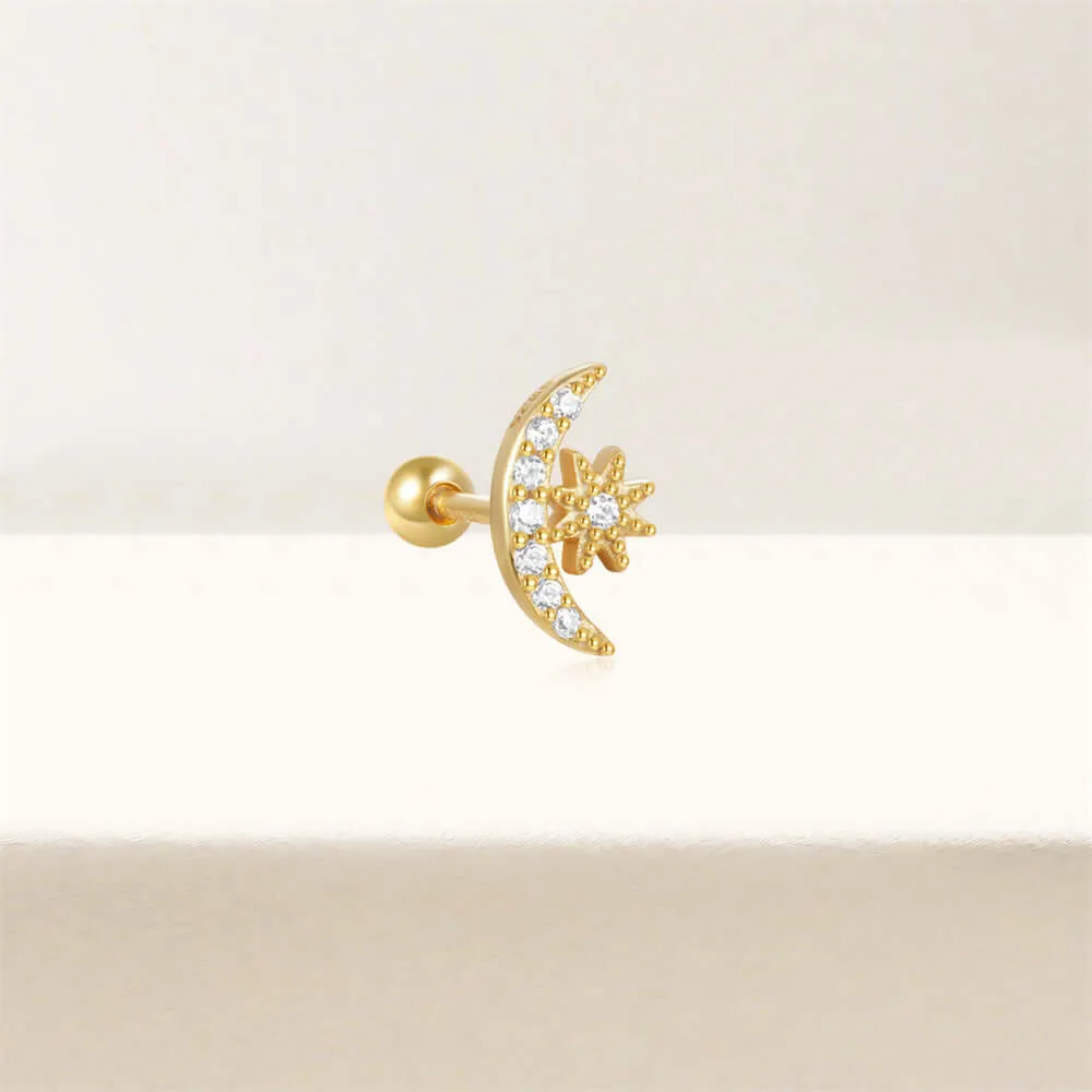 925 Silver Star And Moon White CZ Diamond Ball Back Earrings