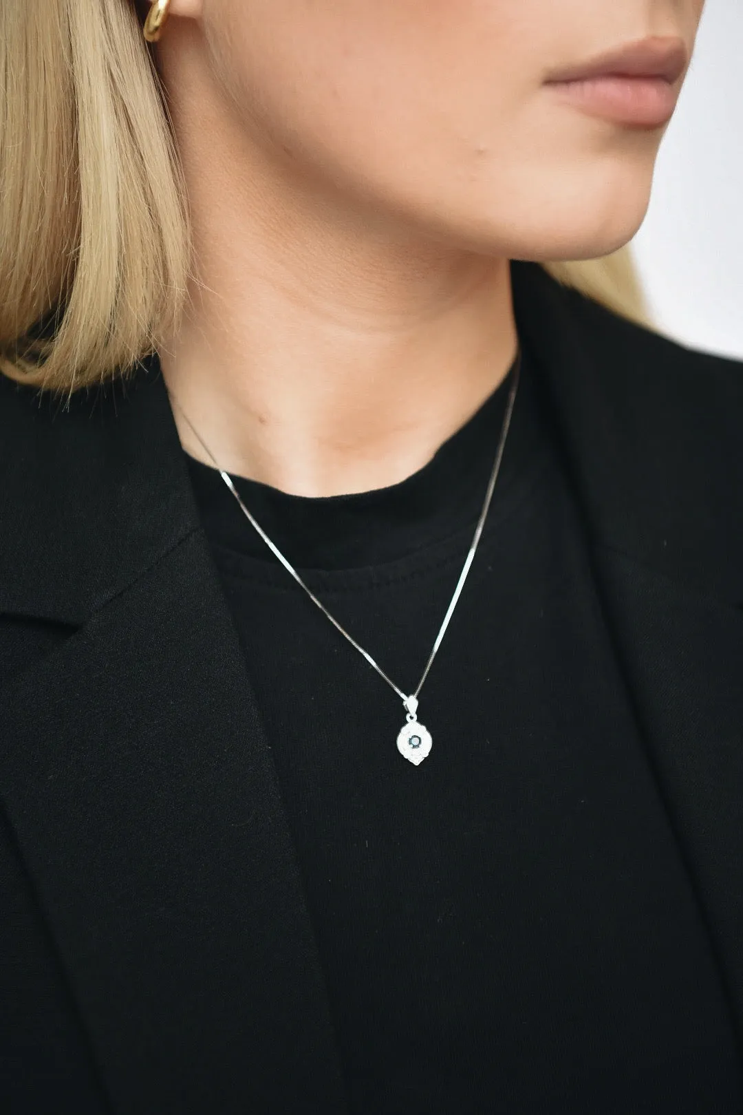 9ct White Gold Earth Grown 0.20ct Sapphire And 0.163ct Diamond Necklace