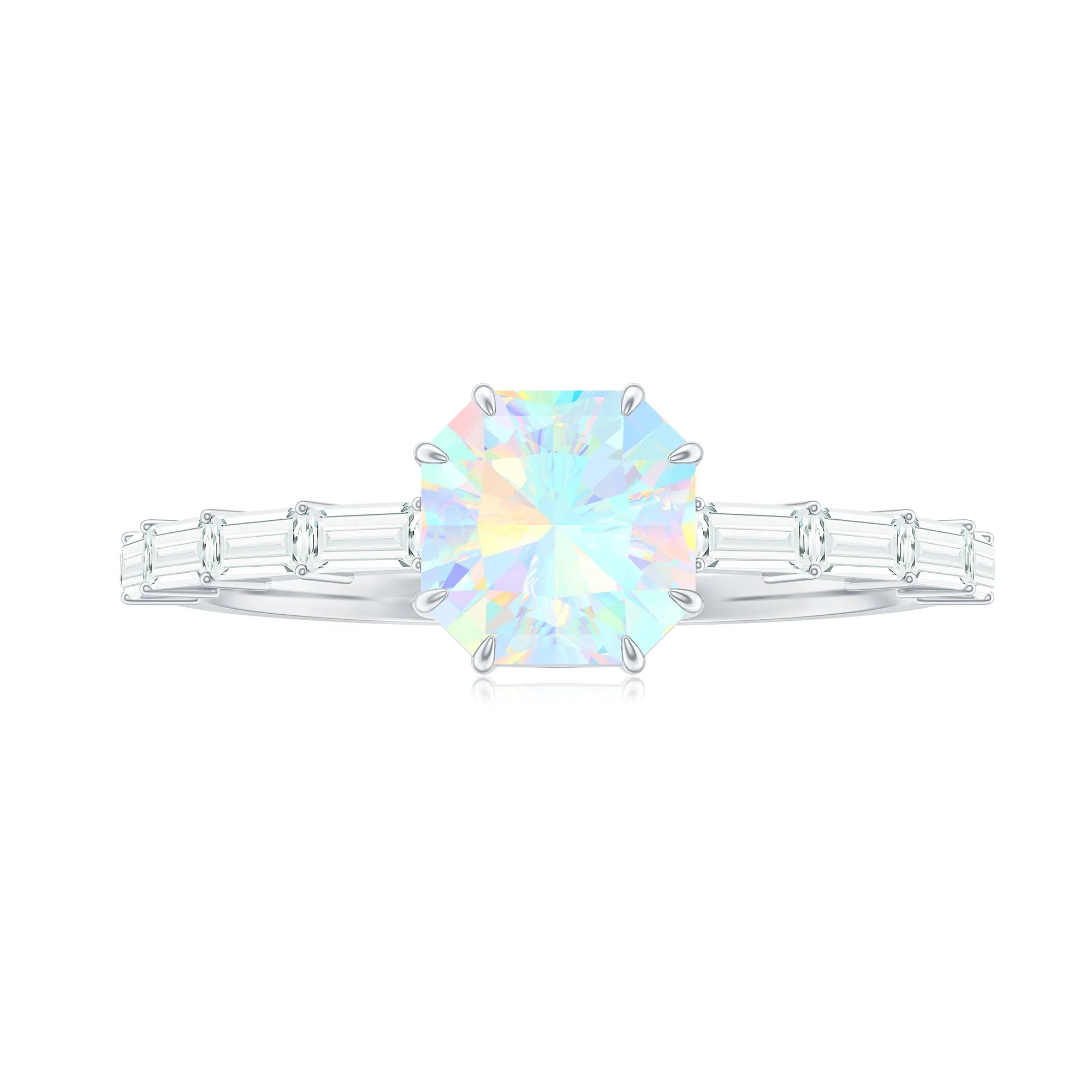 Asscher Cut Ethiopian Opal Solitaire Ring with Diamond Side Stones
