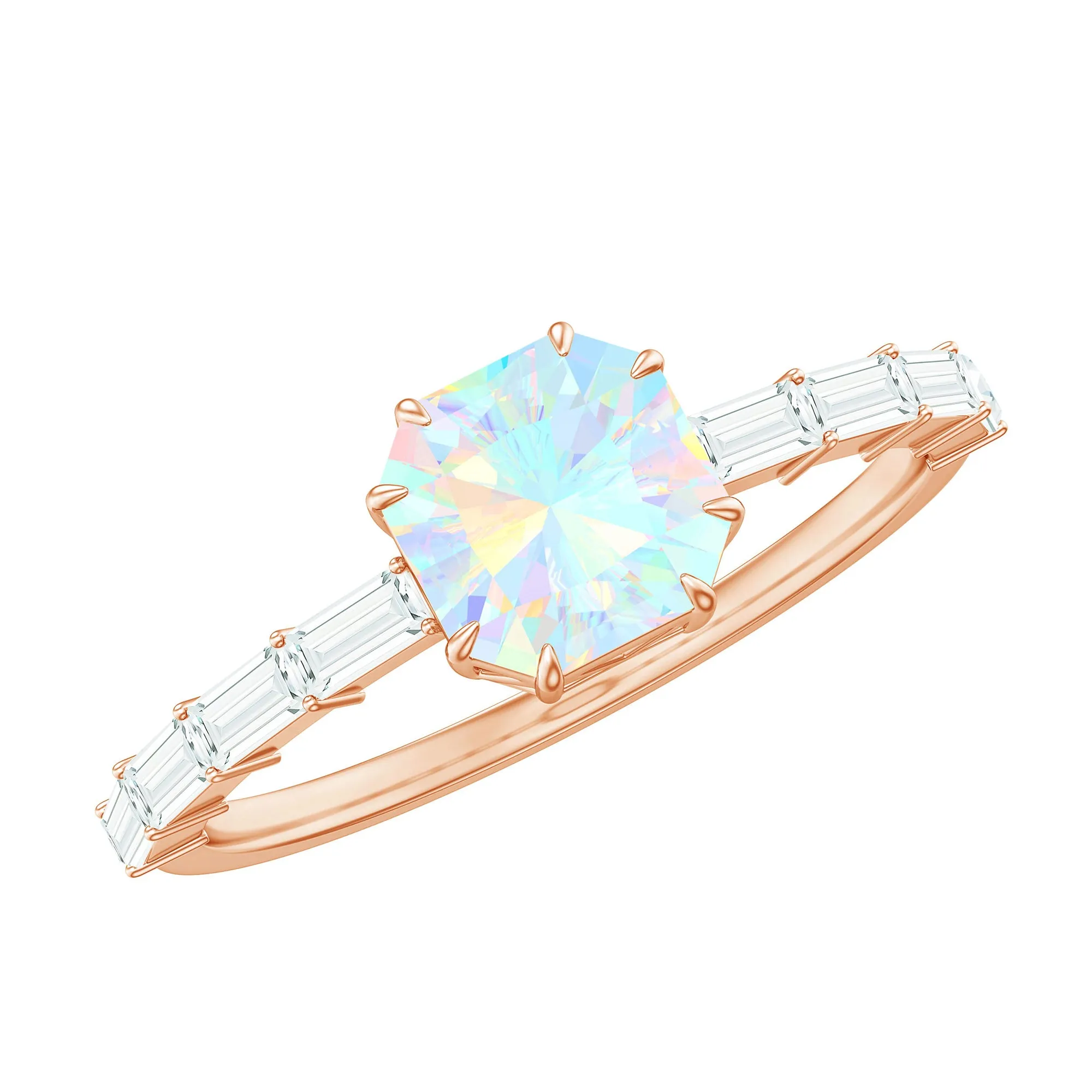 Asscher Cut Ethiopian Opal Solitaire Ring with Diamond Side Stones