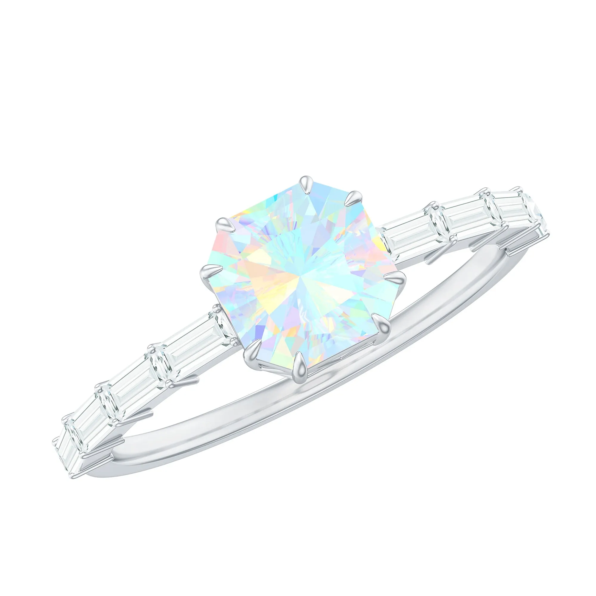 Asscher Cut Ethiopian Opal Solitaire Ring with Diamond Side Stones