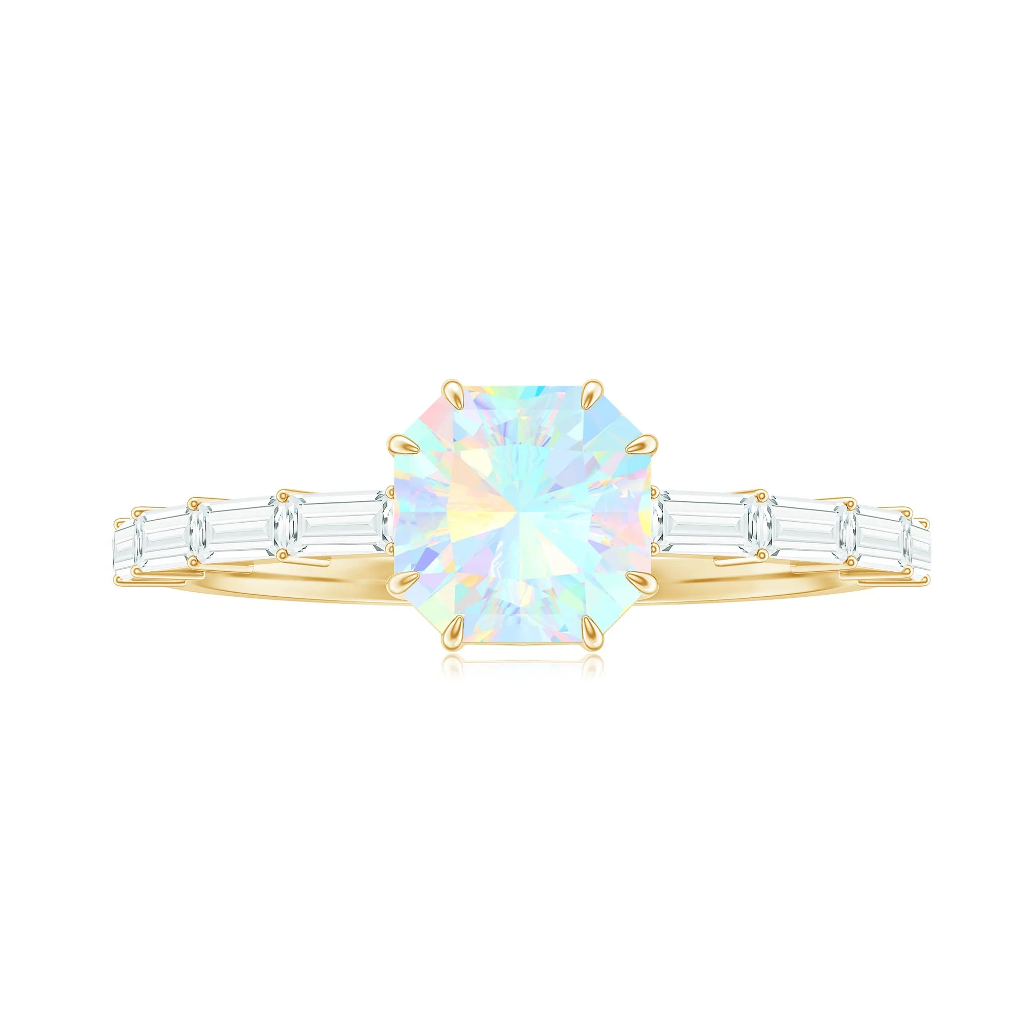 Asscher Cut Ethiopian Opal Solitaire Ring with Diamond Side Stones