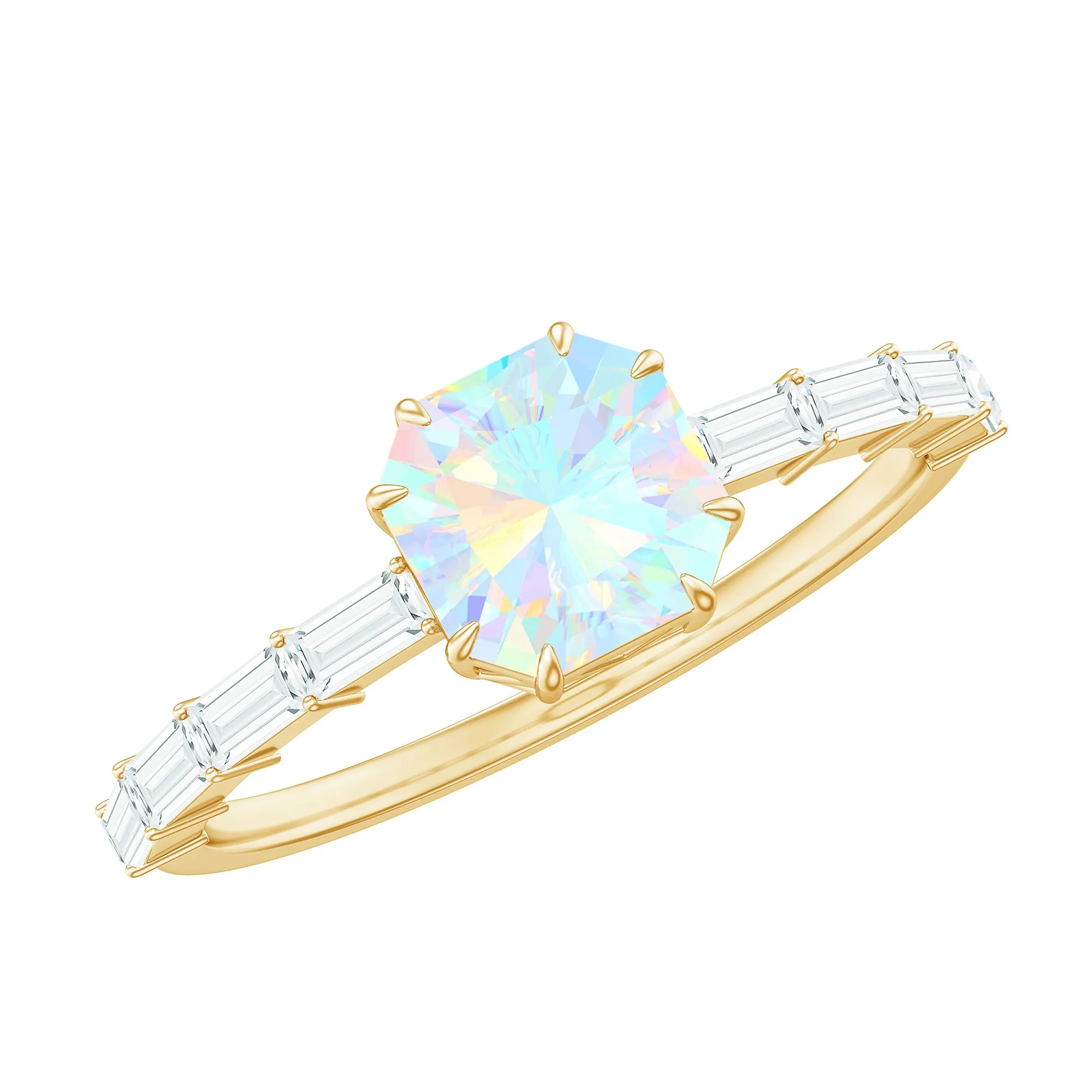 Asscher Cut Ethiopian Opal Solitaire Ring with Diamond Side Stones