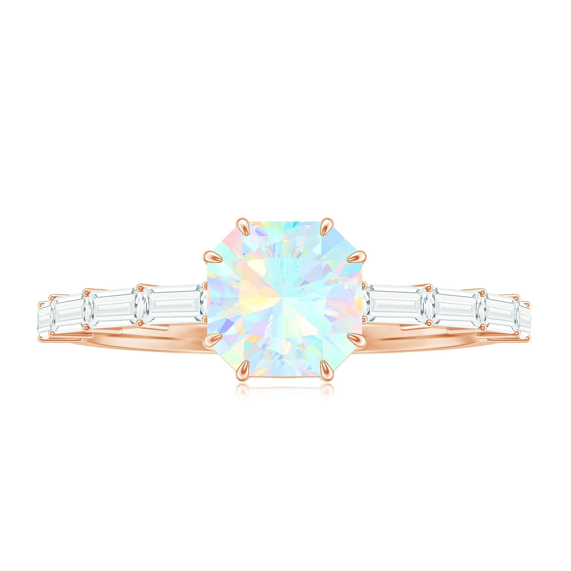 Asscher Cut Ethiopian Opal Solitaire Ring with Diamond Side Stones