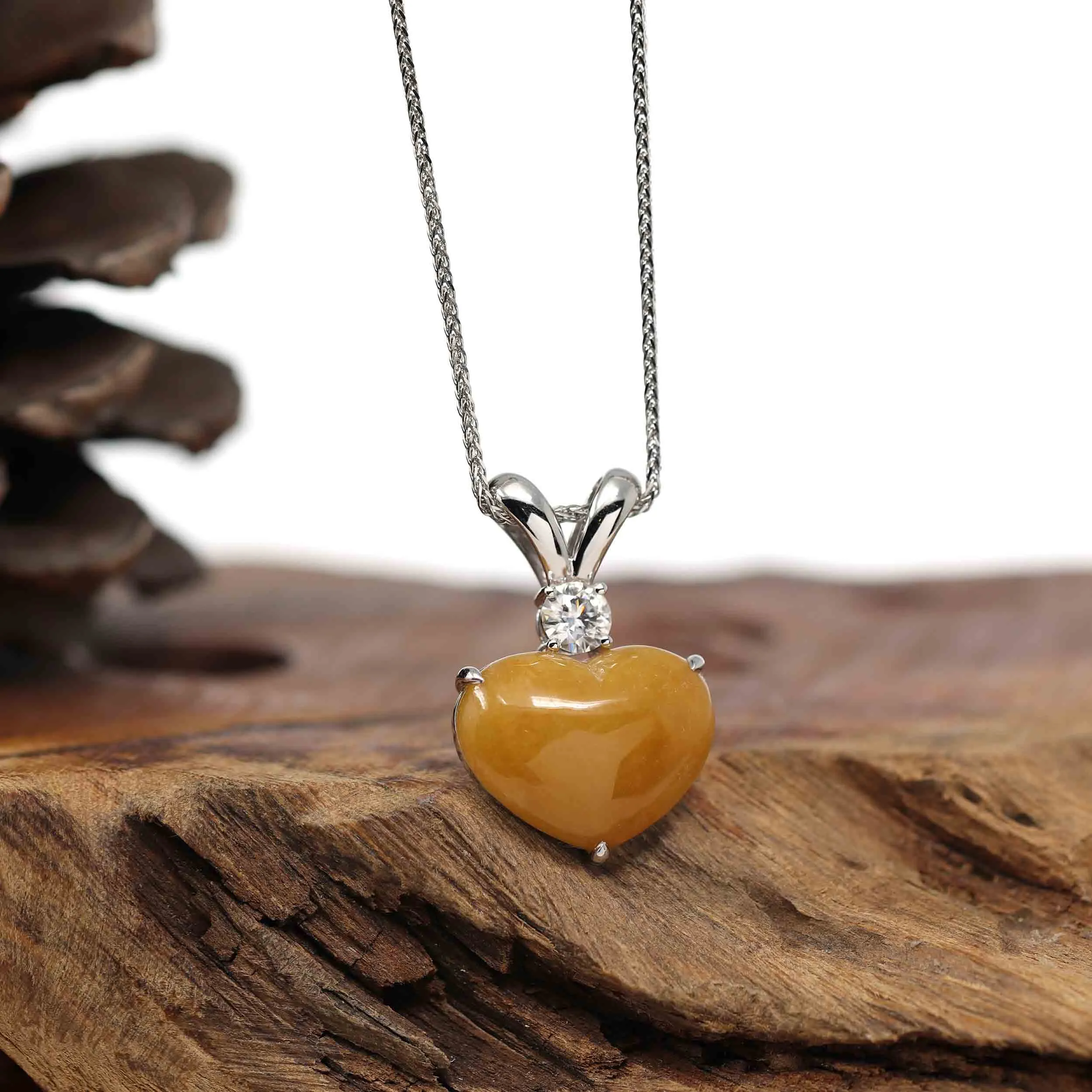 Baikalla 14K Gold Genuine Burmese Yellow Jadeite Jade Heart Pendant with Moissanite