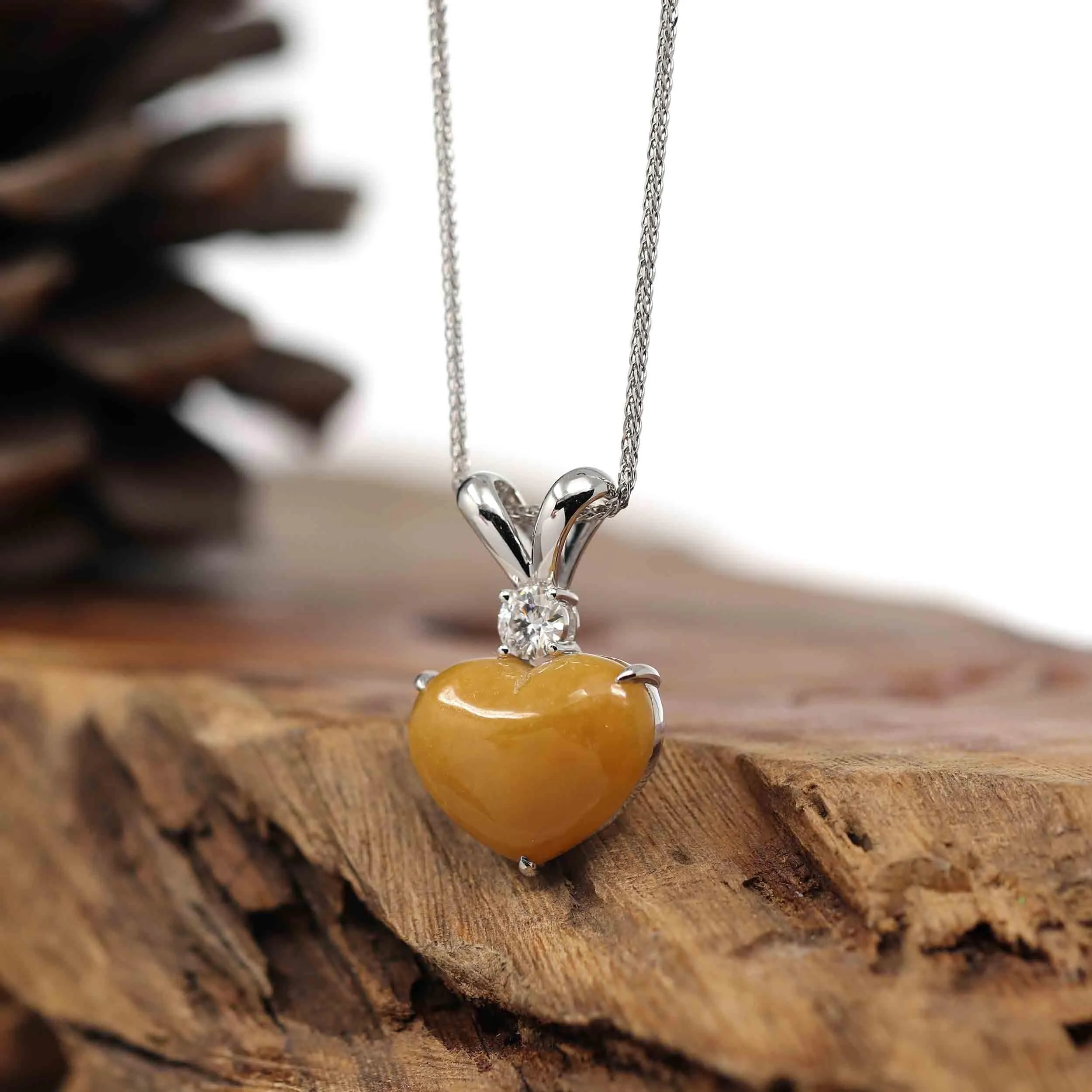 Baikalla 14K Gold Genuine Burmese Yellow Jadeite Jade Heart Pendant with Moissanite